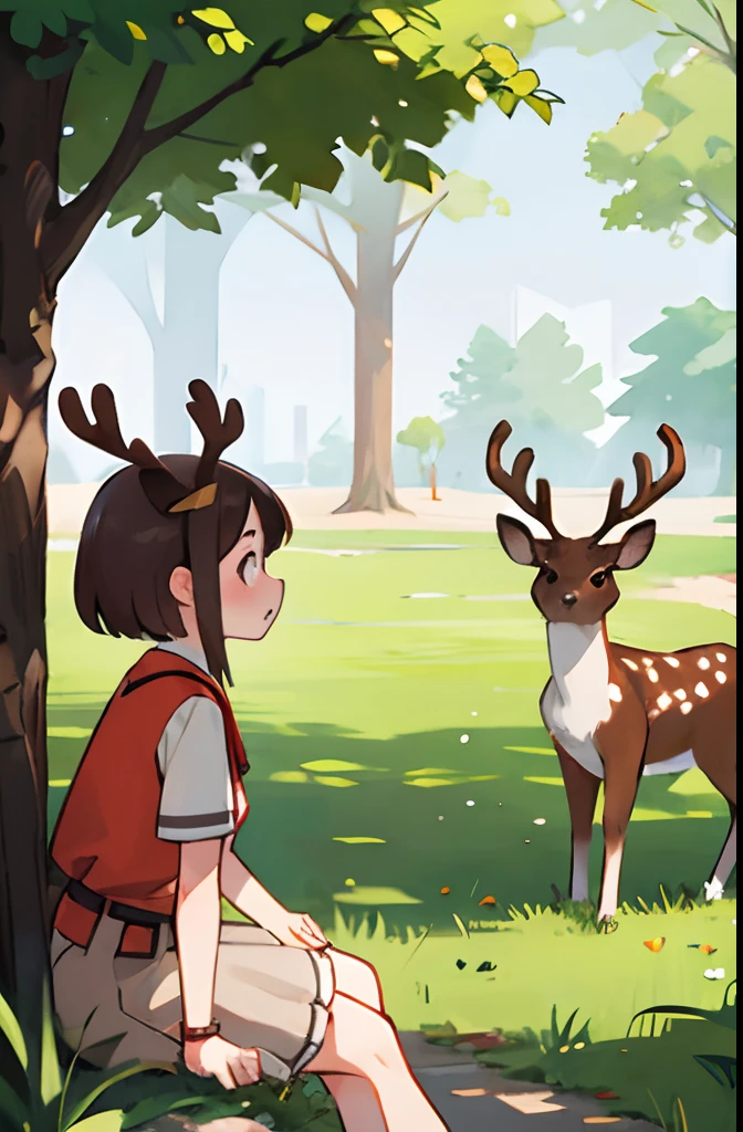 Park with deer、teens girl