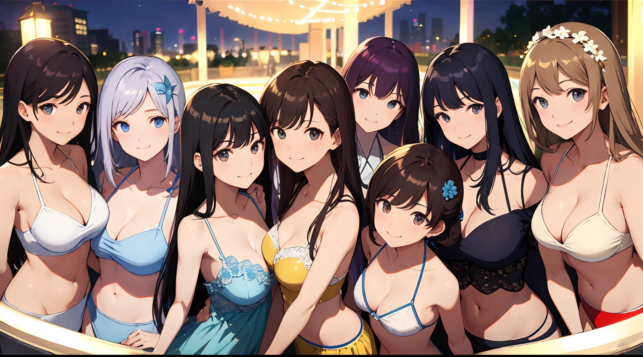 masterpiece、top-quality、detaile、hight resolution、extremely delicate and beautiful、simple background、upper body closeup、beutiful breast、Smile、multiple female、5 women、4 females、7 Women、off shoulders、selfee、Photo booth、The bikini、Night Pool