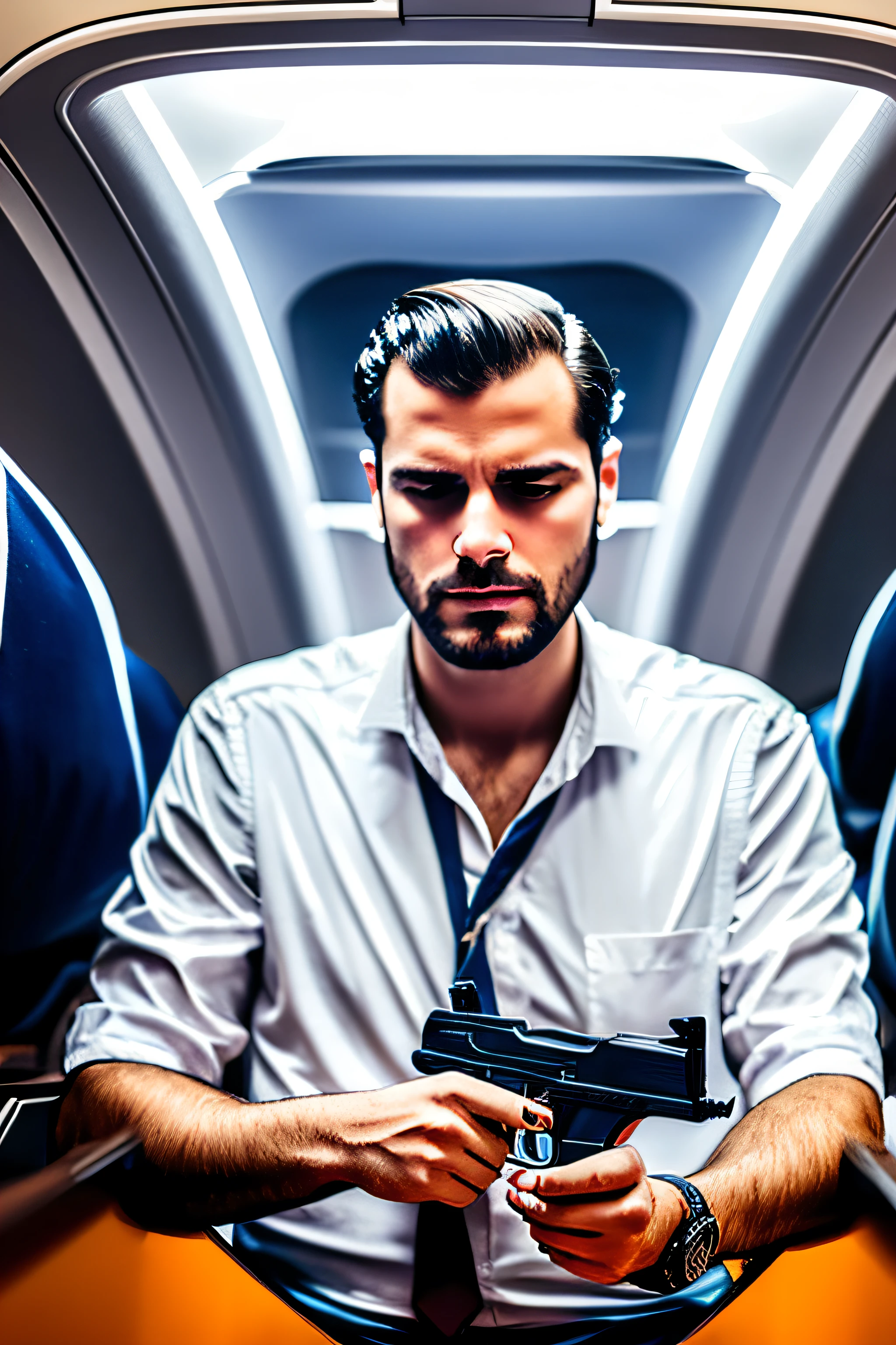 a man, with a pistol, in the airplane cabin, clear face