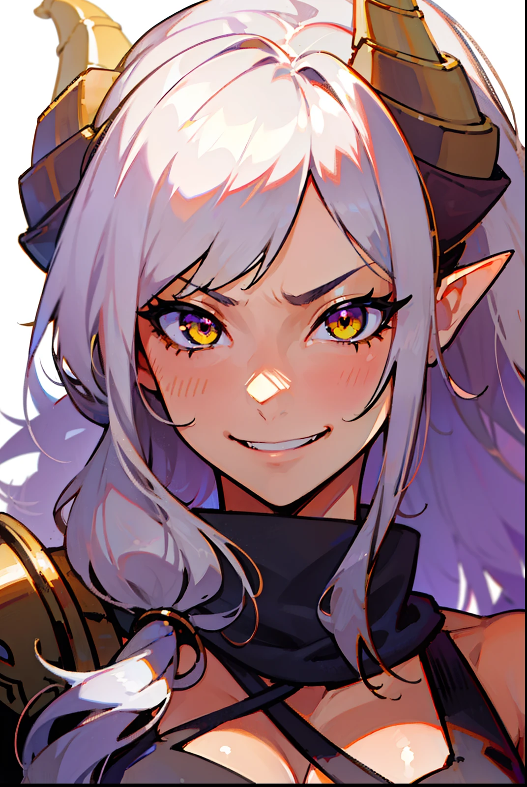 1girl,tanned skin,long hair, white hair,curly hair,yellow eyes,(villain,psycho,villain smile, psychopath, angry),black small shirt,gold armor, cleavage,elves ears,horns,yellow scarf,face close up,((white background))