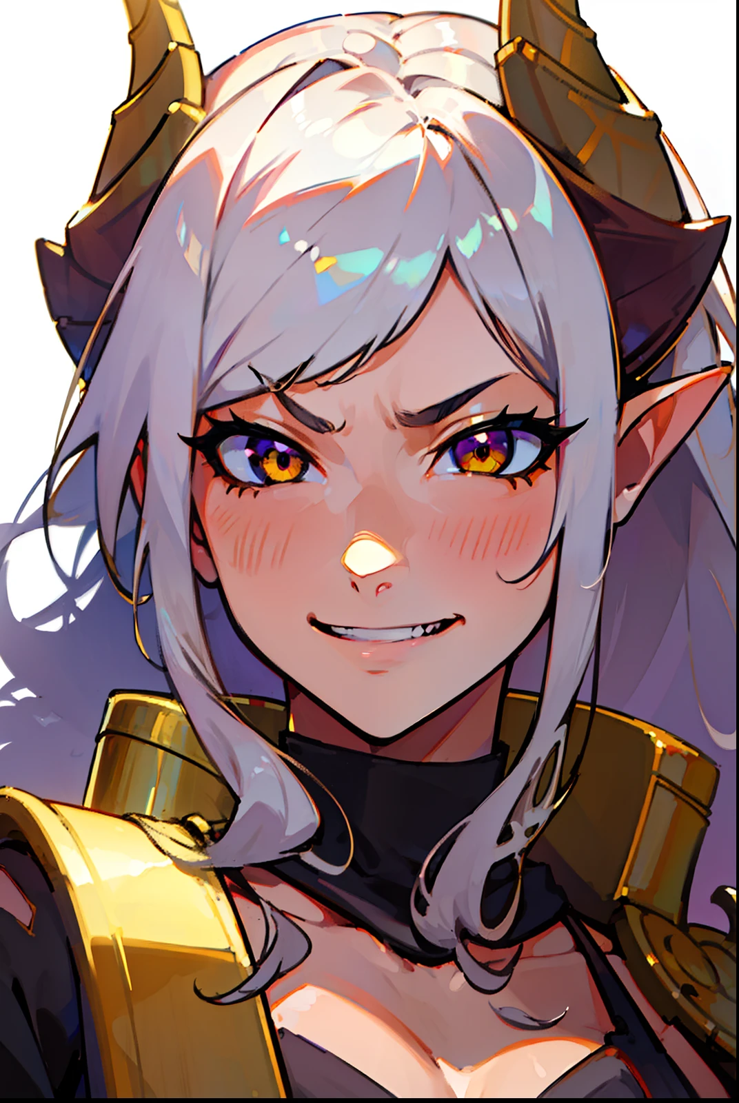 1girl,tanned skin,long hair, white hair,curly hair,yellow eyes,(villain,psycho,villain smile, psychopath, angry),black small shirt,gold armor, cleavage,elves ears,horns,yellow scarf,face close up,((white background))