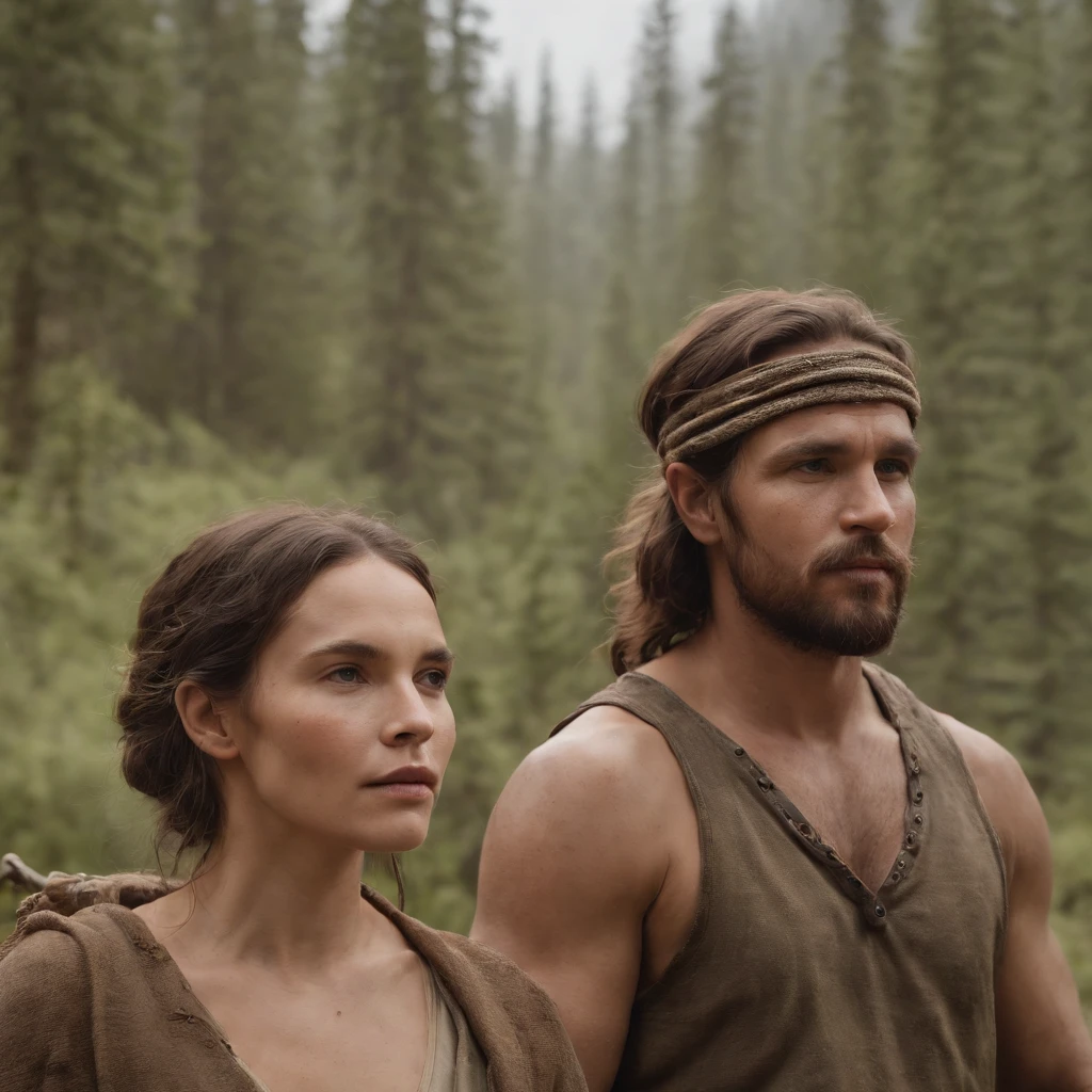 Generate an artwork of a prehistoric hunter-gatherer couple amidst a primeval wilderness, using a palette dominated by earthy browns, deep greens, and dusky ochres to convey a primal, ancient atmosphere.