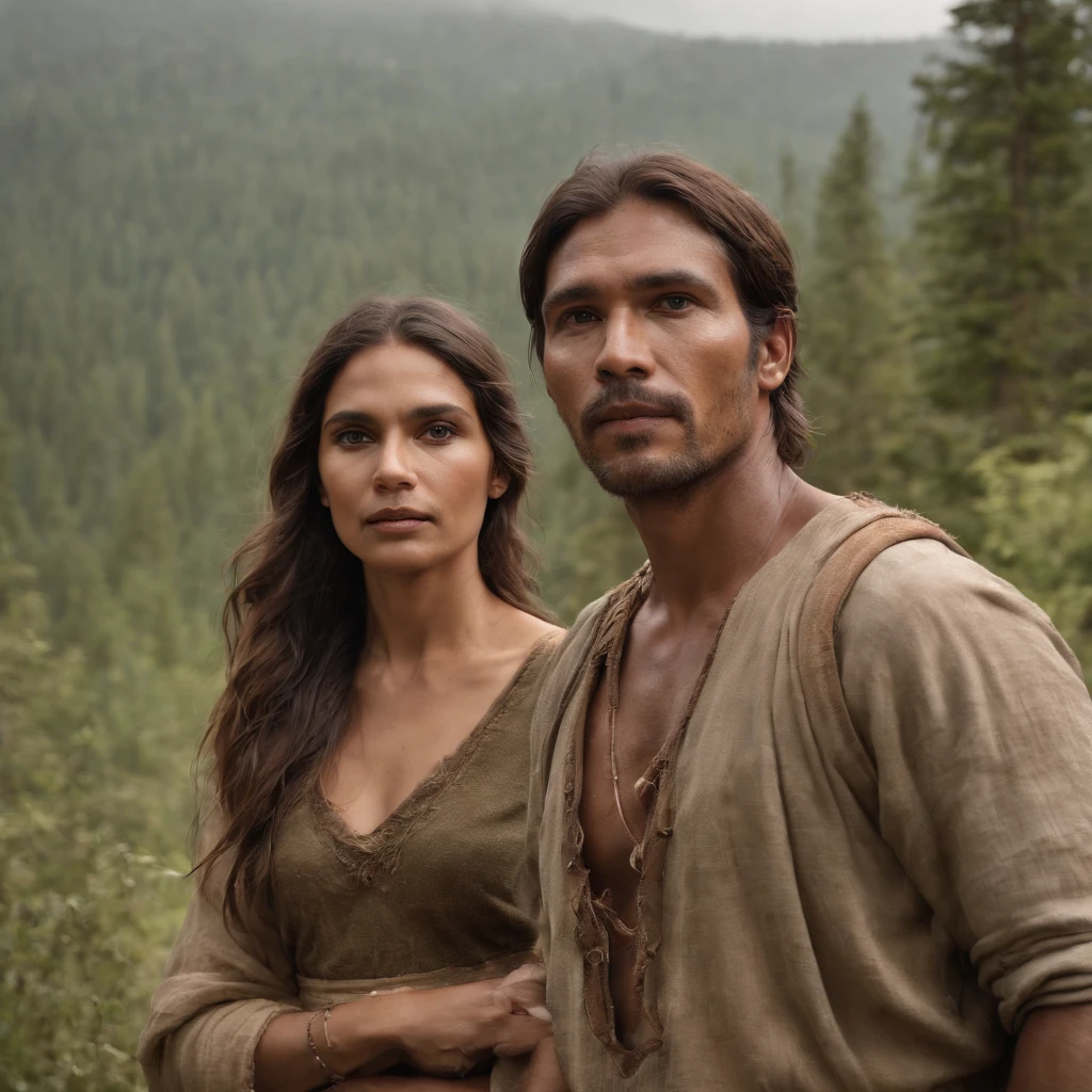 Generate an artwork of a prehistoric hunter-gatherer couple amidst a primeval wilderness, using a palette dominated by earthy browns, deep greens, and dusky ochres to convey a primal, ancient atmosphere.
