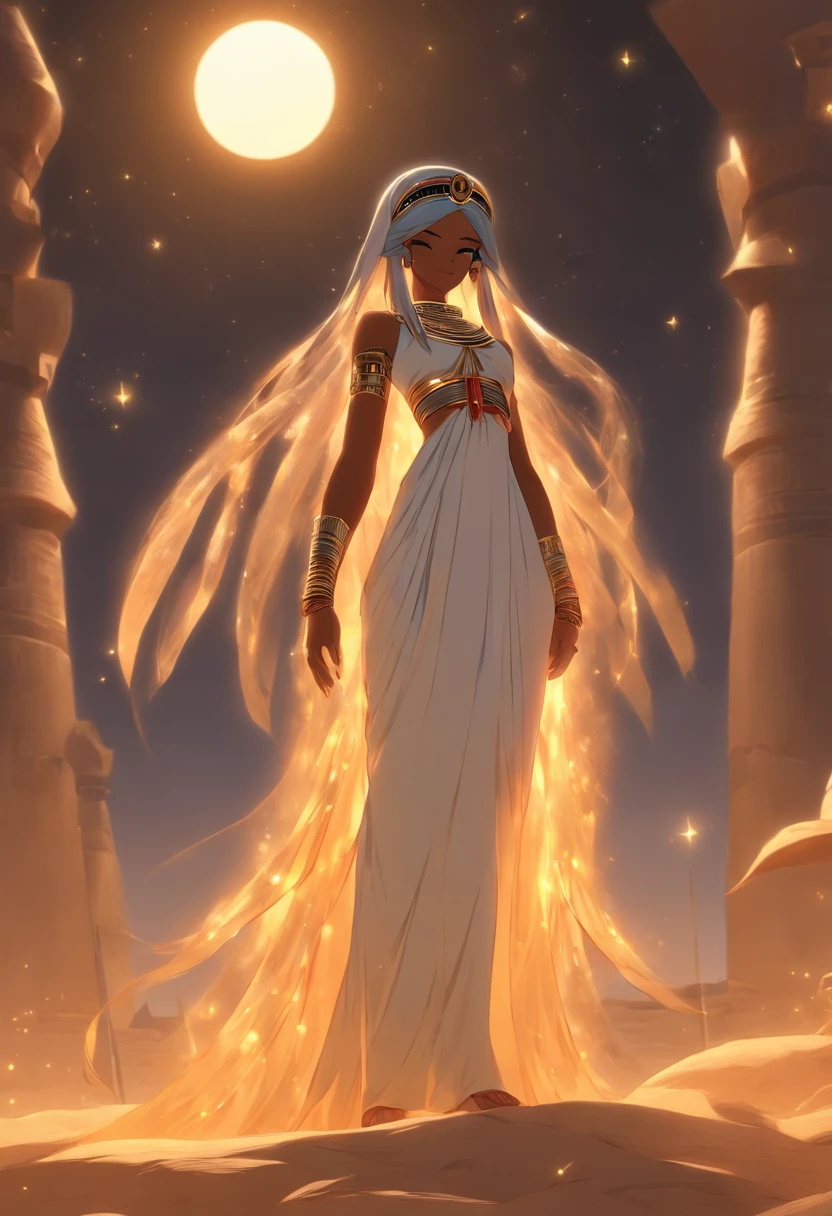 (((NUT))) best quality, ultra-high resolution, 4K detailed CG, master piece, woman, moon goddess, night, white clothes, Egyptian clothes, EGYPTIAN mythology, desert, aesthetics, ((full body)), standing, Beautiful image, centered