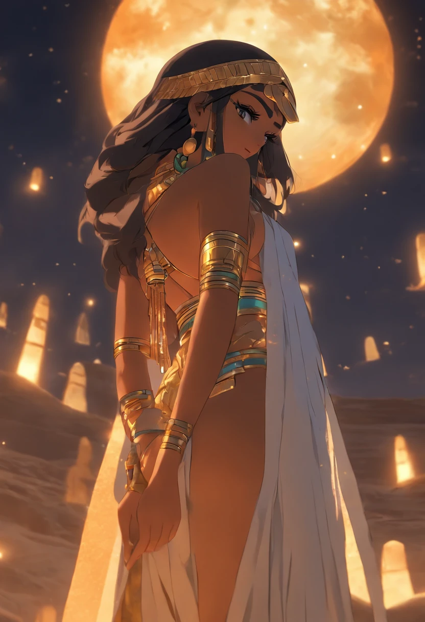 (((NUT))) best quality, ultra-high resolution, 4K detailed CG, master piece, woman, moon goddess, night, white clothes, Egyptian clothes, EGYPTIAN mythology, desert, aesthetics, ((full body)), standing, Beautiful image, centered