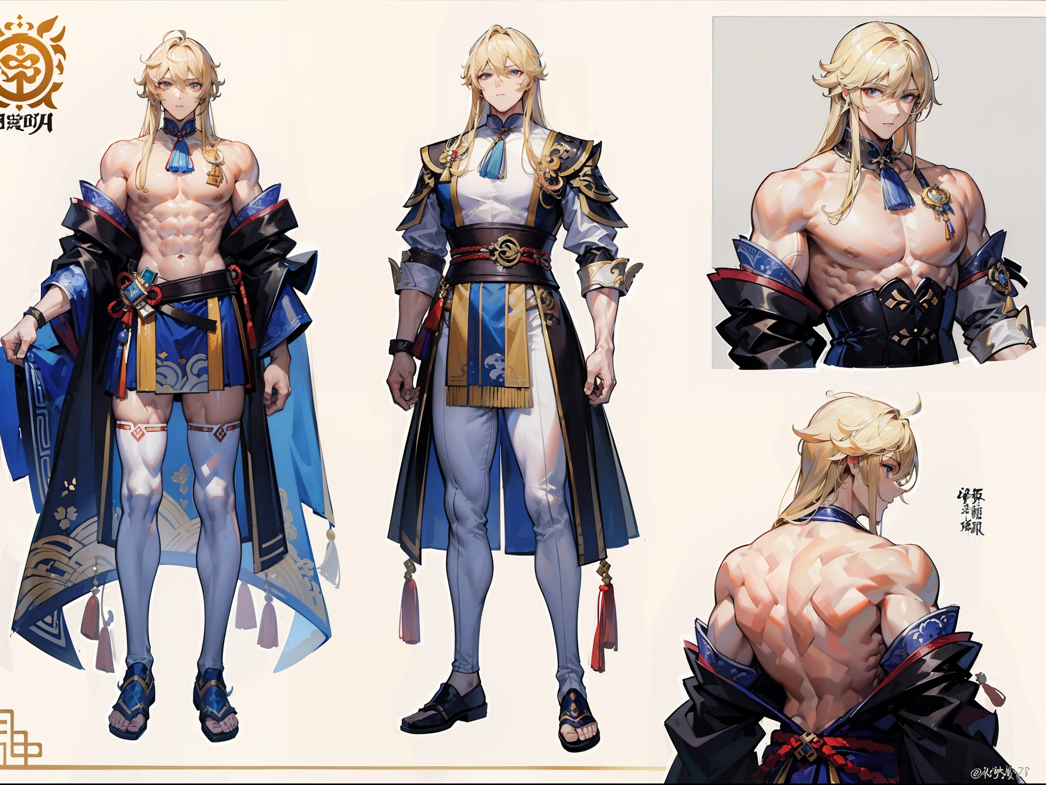 ((Masterpiece, Highest quality)), Detailed face, character design sheet， full bodyesbian, Full of details, frontal body view, back body view, Highly detailed, Depth, Many parts, Muscle boy with long blonde hair with long bangs，handsome man, muscle body, Traditional chinese clothes, Genshin Impact, man tall, pectoral muscles, abs