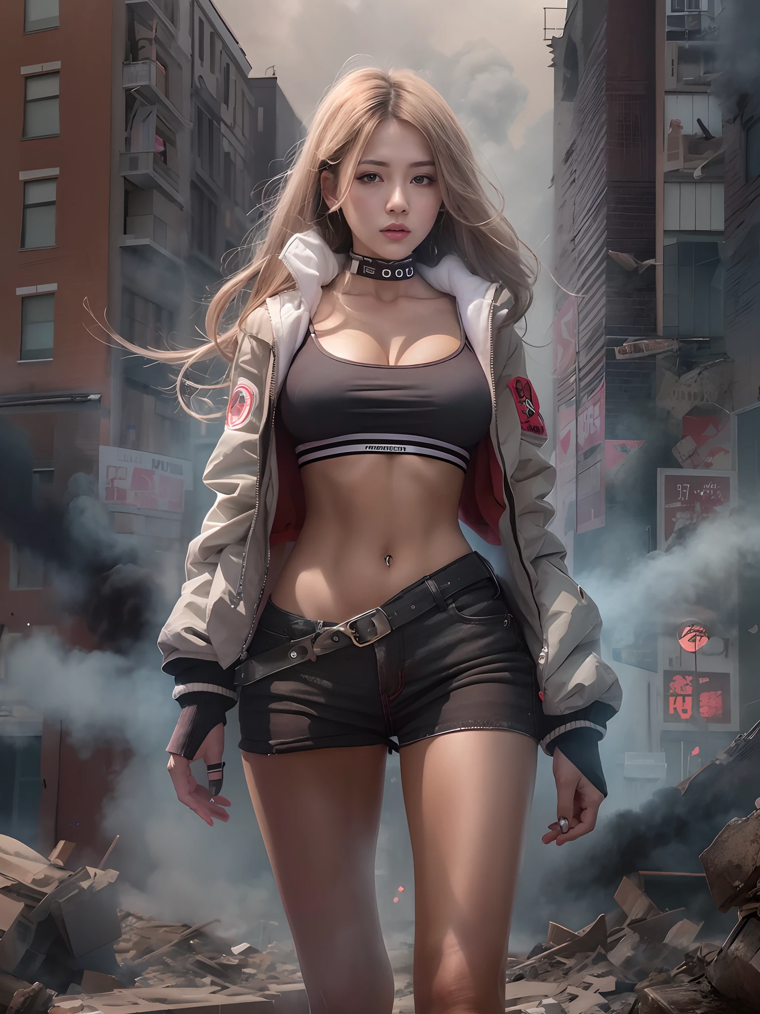 Giant Akari in crop top and jacket, Barefoot, a beauty girl、beautiful countenance、huge tit、beauty legs、well-muscled、athletic bodies, gts city, city buildings, Smoke coming from a broken building, Confront evil black smoke and assimilating monsters、Screaming and fighting、Fighting Poses