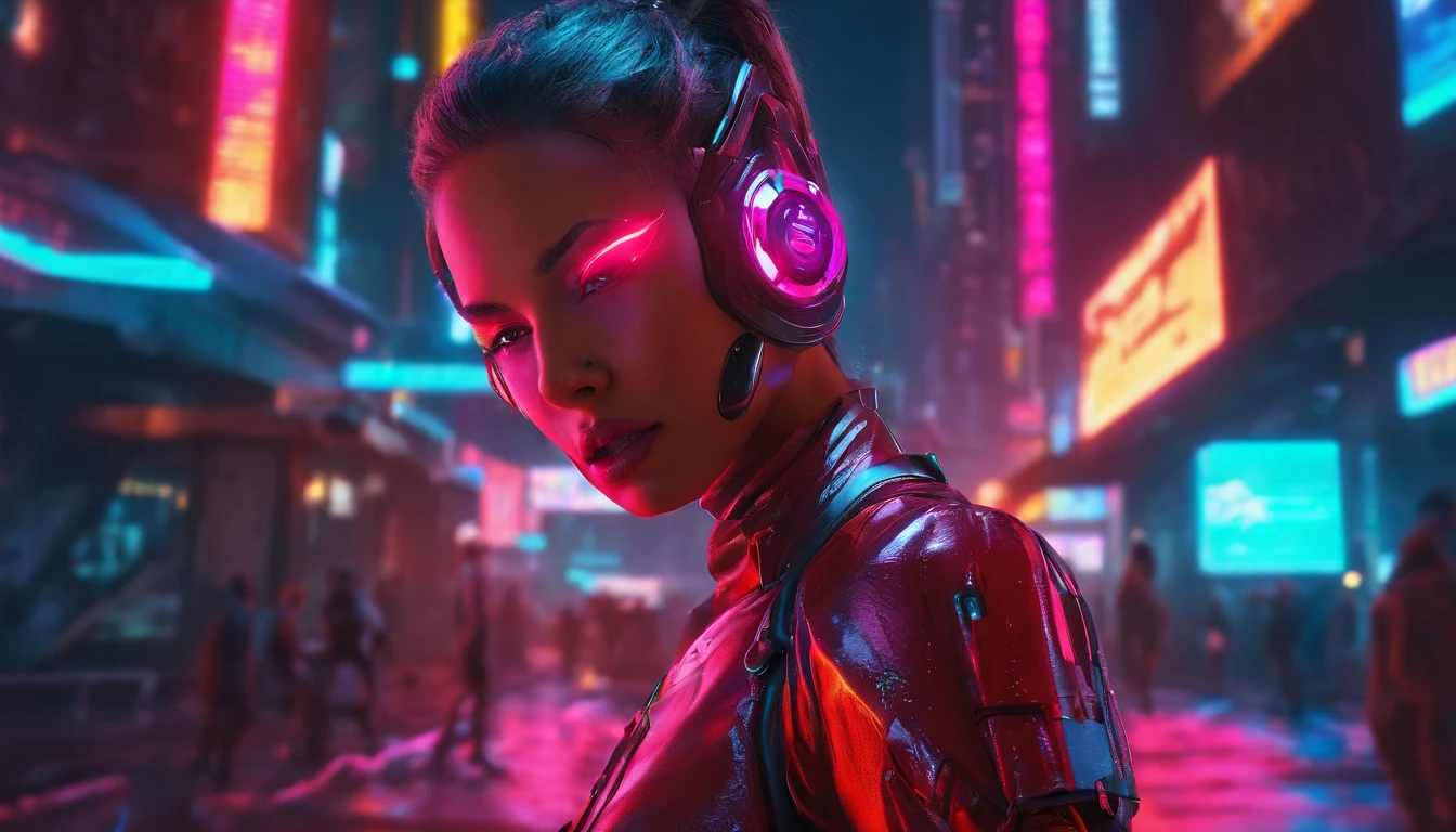 There's a cyborg woman (8k) wearing a futuristic leotard (best quality) standing in a cyberpunk city alley at night, darksynth aesthetic, red neons, beautiful woman, haze, foggy night, ultra detailed, photorealistic.