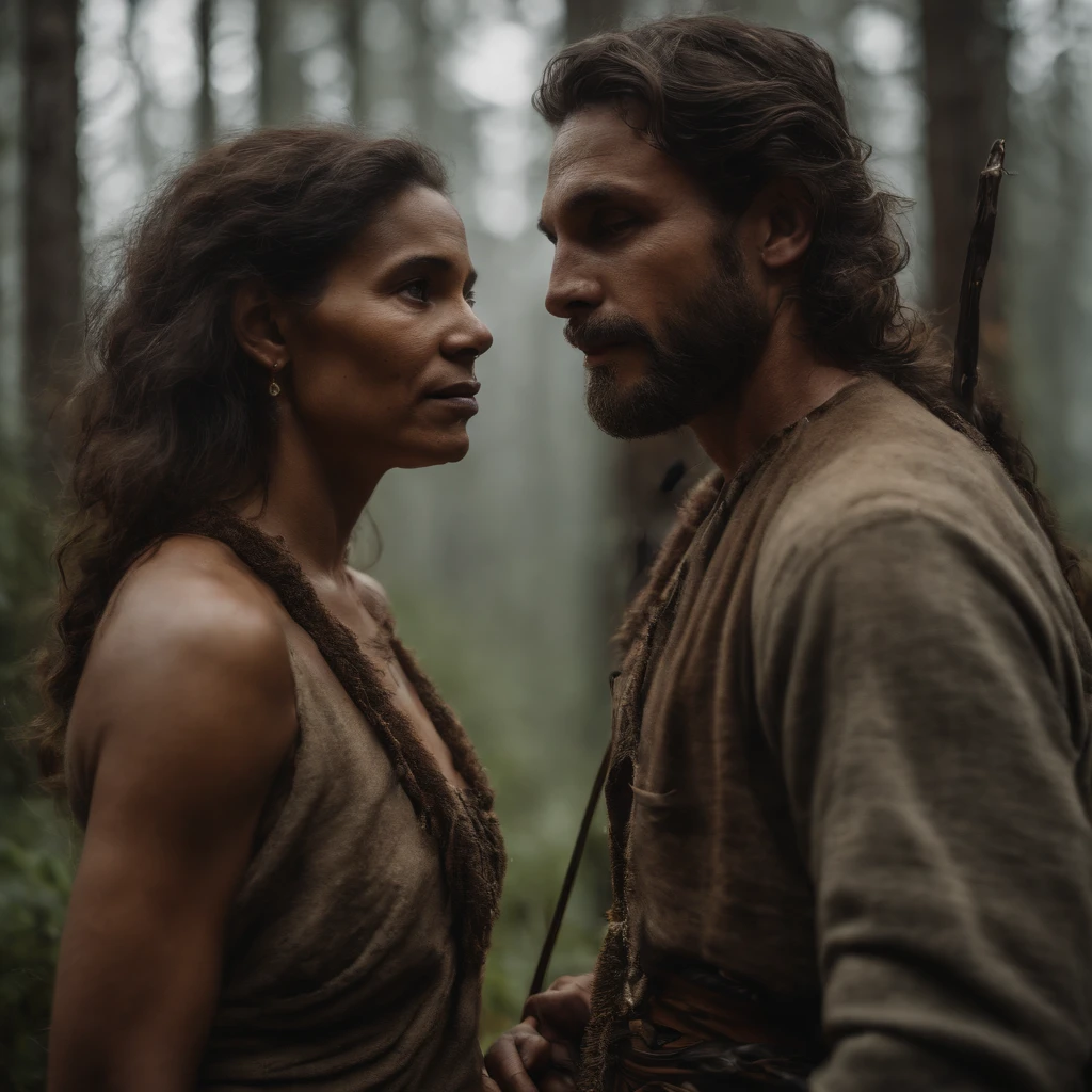 Generate an artwork of a prehistoric hunter-gatherer couple amidst a primeval wilderness, using a palette dominated by earthy browns, deep greens, and dusky ochres to convey a primal, ancient atmosphere.