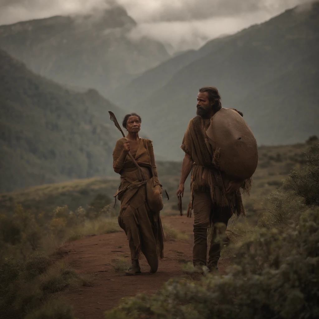Generate an artwork of a prehistoric hunter-gatherer couple amidst a primeval wilderness, using a palette dominated by earthy browns, deep greens, and dusky ochres to convey a primal, ancient atmosphere.