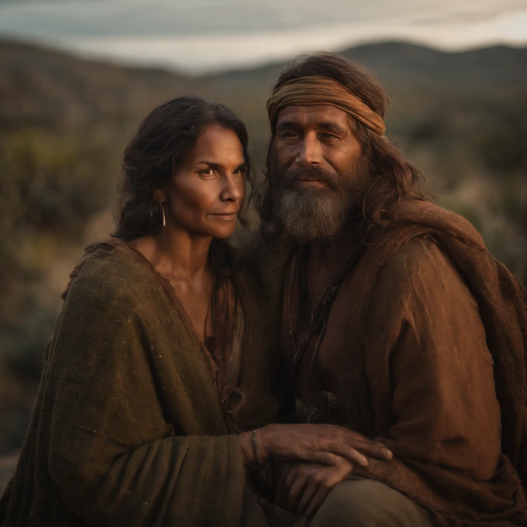 Generate an artwork of a prehistoric hunter-gatherer couple amidst a primeval wilderness, using a palette dominated by earthy browns, deep greens, and dusky ochres to convey a primal, ancient atmosphere.