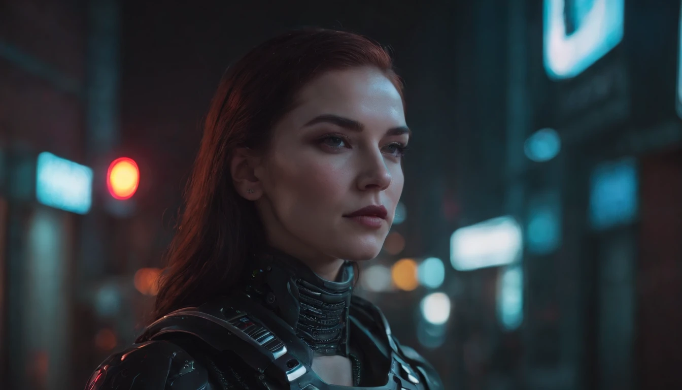 There's a cyborg woman with cyborg elements on her face standing in a cyberpunk city alley at night, darksynth aesthetic, red neons, beautiful woman, haze, foggy night, ultra detailed, photorealistic.