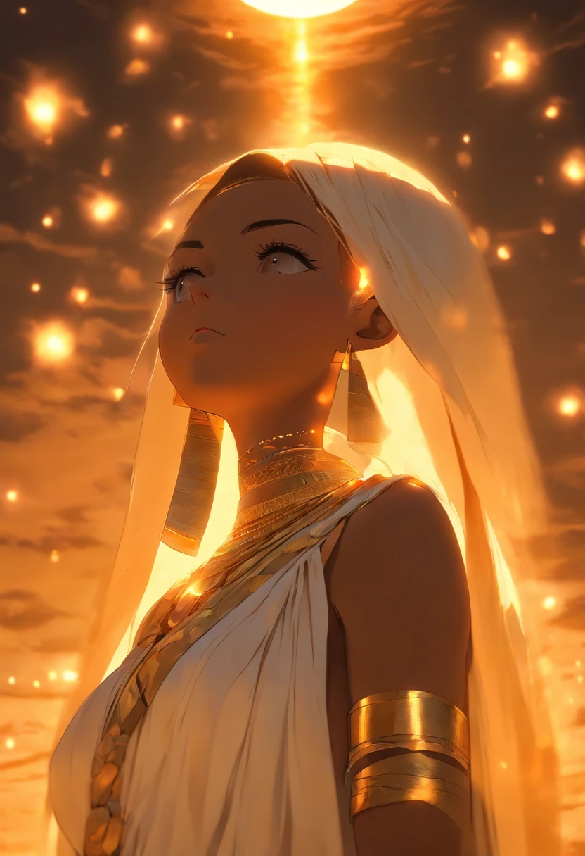 (((NUT))) best quality, ultra-high resolution, 4K detailed CG, master piece, woman, moon goddess, night, white clothes, Egyptian clothes, Egyptian mythology, desert, aesthetics, ((full body)), Beautiful image, centered