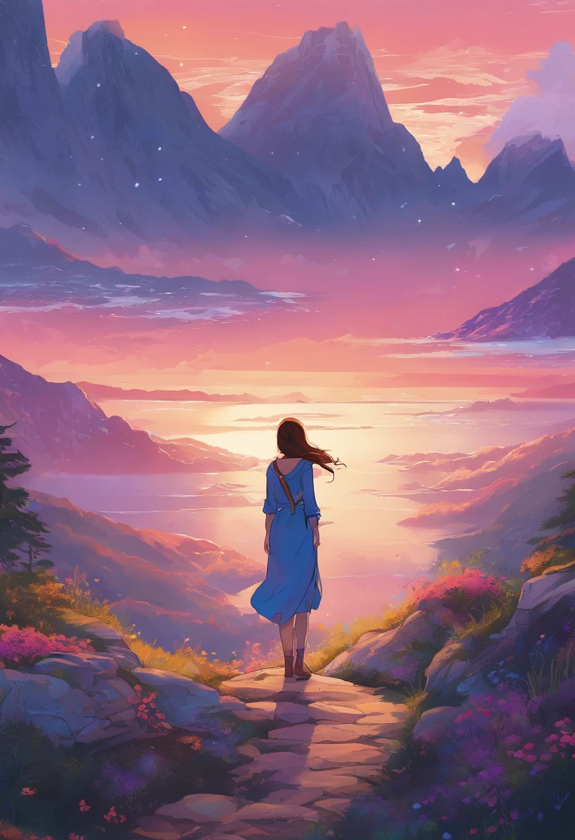 best quality,ultra-detailed,realistic,highres,photorealistic:1.37,portraits,landscape,colors:blue,purple,lighting:soft

A girl standing alone in a surreal landscape, surrounded by vast, colorful mountains and a serene, starry sky. The girl is wearing a flowing, ethereal dress, with intricate, delicate patterns. Her eyes are mesmerizing, with a deep, soulful gaze that reflects the beauty of the surroundings. Her lips are soft and gentle, with a slight hint of a smile. The scene is bathed in soft, diffused light, casting a gentle glow on the girl and the landscape. The colors of the landscape are predominantly blue and purple, creating a dreamy and otherworldly atmosphere. The details are incredibly realistic, with every aspect of the scene meticulously rendered. The quality of the image is exceptional, with sharp focus and fine details that make it appear almost like a photograph. The overall mood is serene and contemplative, with a sense of tranquility and awe.