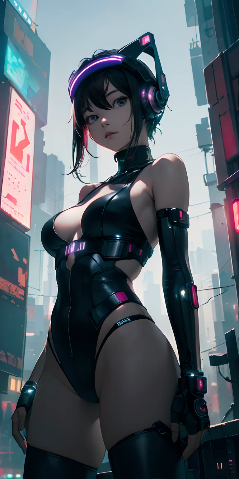 top-quality))、((masterpiece)、Cyberpunk City at Night、Depiction seen from below、13 year old girl、Breasts a little bigger、Emphasis on the thighs、Glowing electronic visor mounted on the face、Sexy Posing