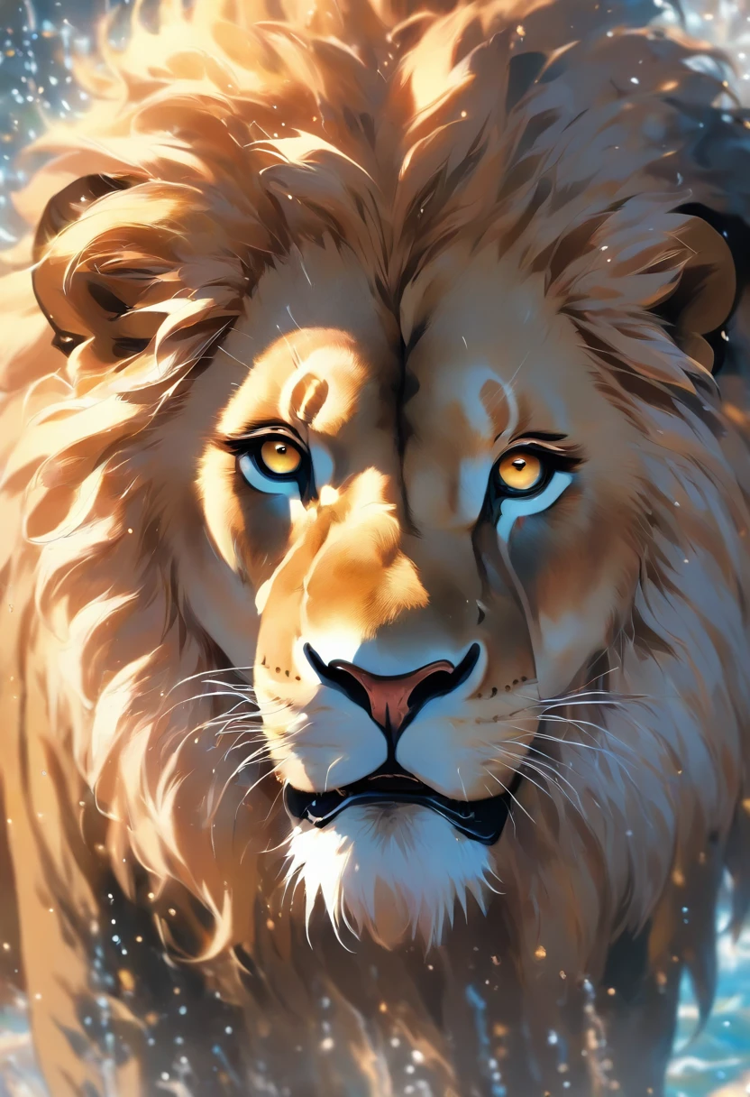 ultra-realistic, vibrant colors, wildlife, lion, water fountain, nature, roaring lion, majestic, powerful, dominance, lifelike rendering, stunning details, fine fur texture, dynamic water splashes, golden sunlight, intense gaze, grandeur, wild beauty, spray of water droplets, shimmering reflections, masterful brushwork, majestic mane, fierce expression, captivating eyes, commanding presence, mesmerizing artistry