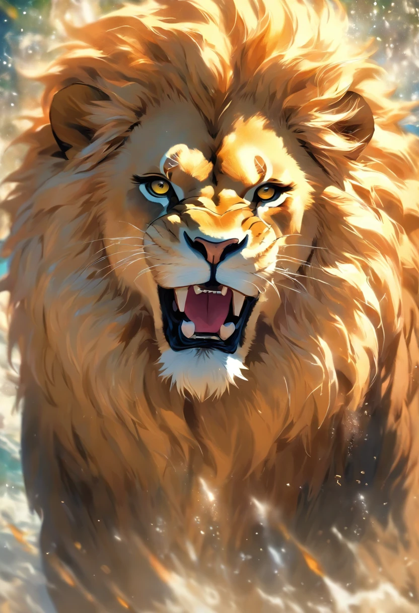 ultra-realistic, vibrant colors, wildlife, lion, water fountain, nature, roaring lion, majestic, powerful, dominance, lifelike rendering, stunning details, fine fur texture, dynamic water splashes, golden sunlight, intense gaze, grandeur, wild beauty, spray of water droplets, shimmering reflections, masterful brushwork, majestic mane, fierce expression, captivating eyes, commanding presence, mesmerizing artistry