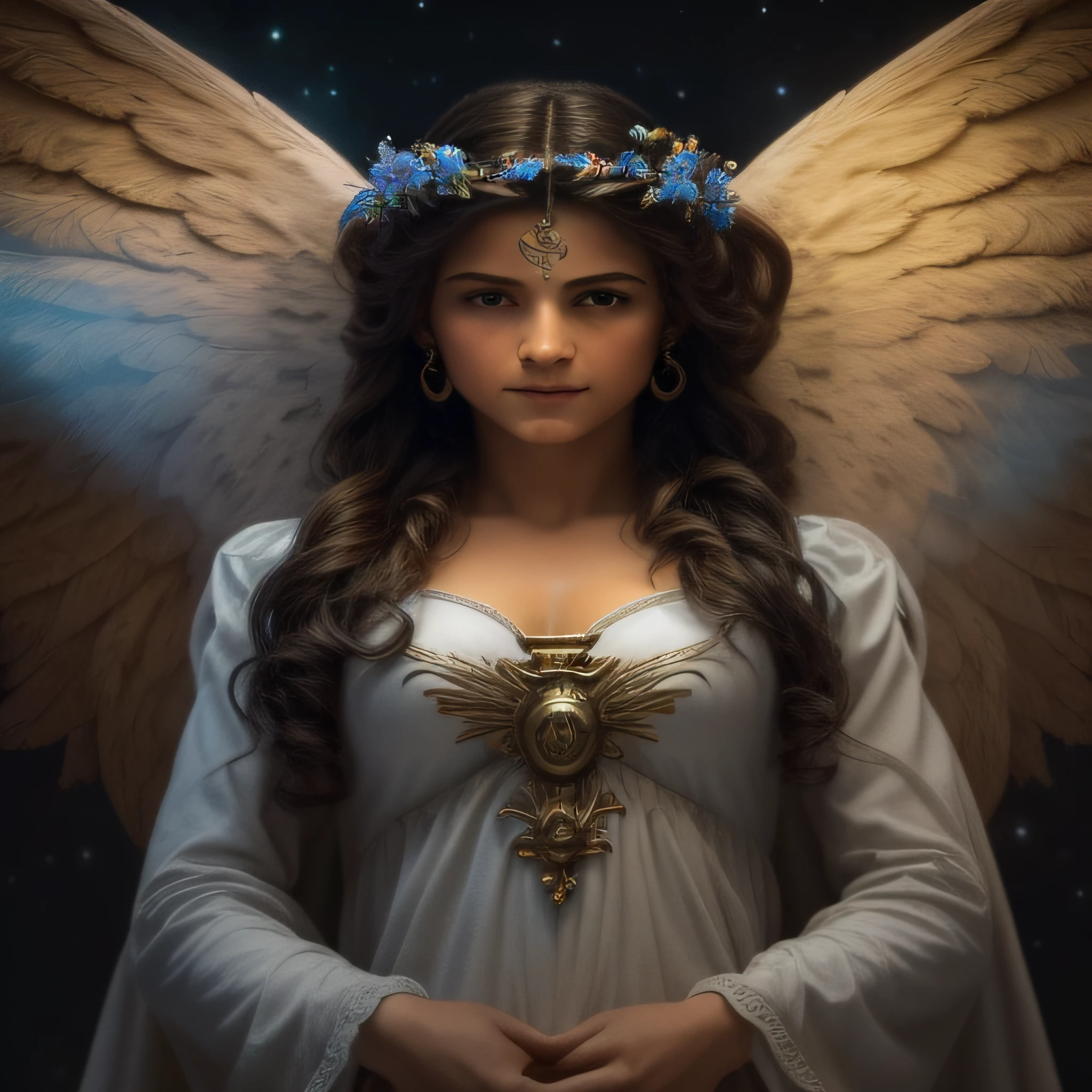 (((Blessed guardian angel))) Luminoso, en estilo similar al del artista WILLIAM ADOLPHE BOUGUEREAU, obra maestra, (La mejor calidad: 1.2), (super fine: 1.2), illustration, (extremadamente delicado y hermoso: 1.2), movie angle, flotante, (Hermoso ojo de detalle: 1.1), (detalle luz: 1.1), Movie Lights, Cielo delicado, ojos azules, (mujero latina negra: 1.2), (Cola de caballo alta: 1.1), capa, ojuelos, cielo estrellado, (light particles: 1.1) dibujo, flor. (obra maestra), (La mejor calidad), (fotorrealista:1.3), 8k, Textura detallada de la piel, Textura detallada de la tela, hermosa cara detallada, Detalles intrincados, ultra detallado (cuerpo de cuerpo entero:1.2)
