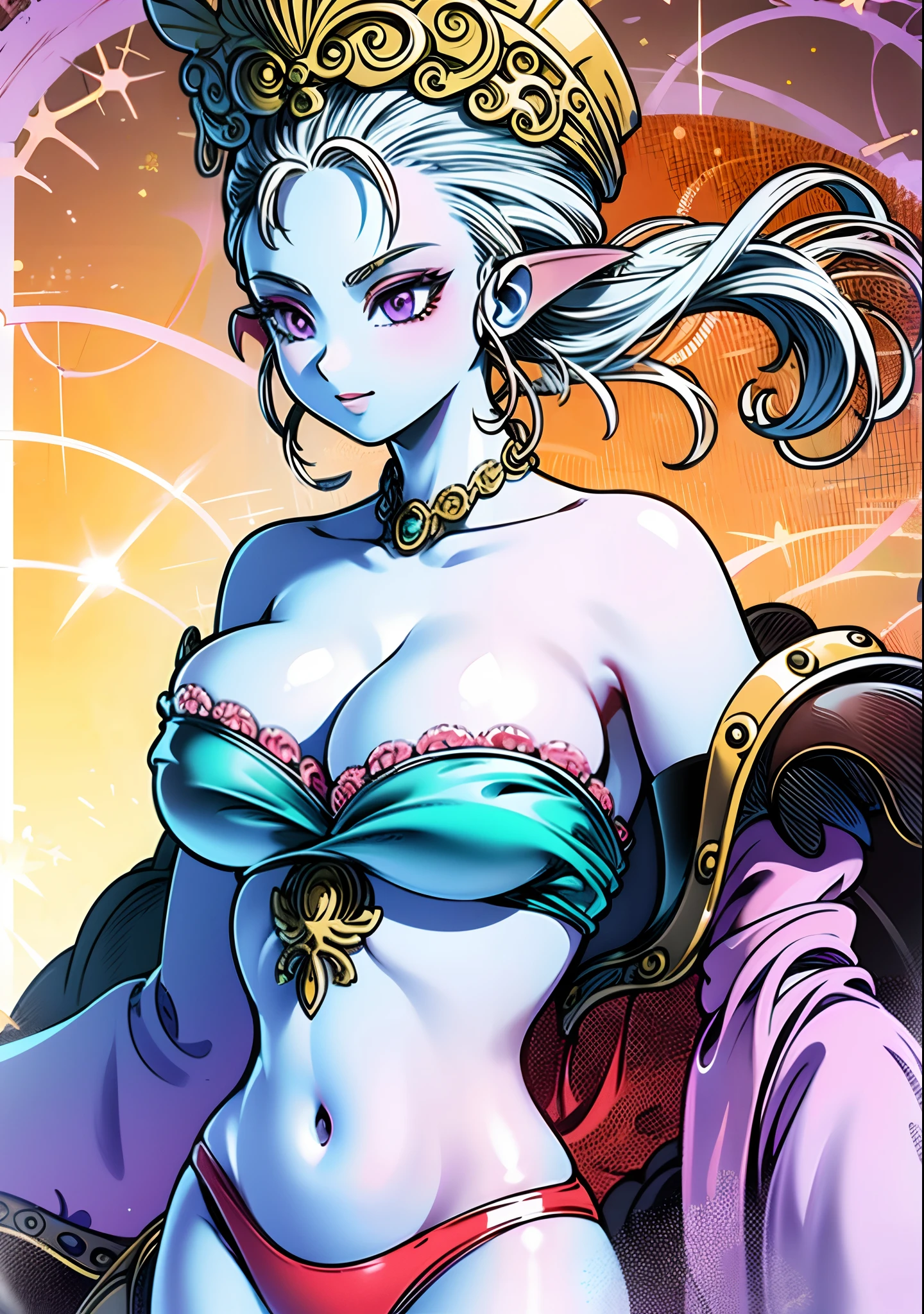 8K,High quality,Anime,married woman,Beautiful woman,Bright,Eye Highlights,Purple eyes,Sexy,ultra gigantic tits,oversized tits,Erotic,beautiful line art. Blue skin, Blue and orange gradient fins next to facial features, Net Swimwear, Shiny swimsuit, Navel Exposed Swimsuit, Pink tights on the legs, Blue skin of the navel, Akira Toriyama female character, Female characters in Dragon Ball,