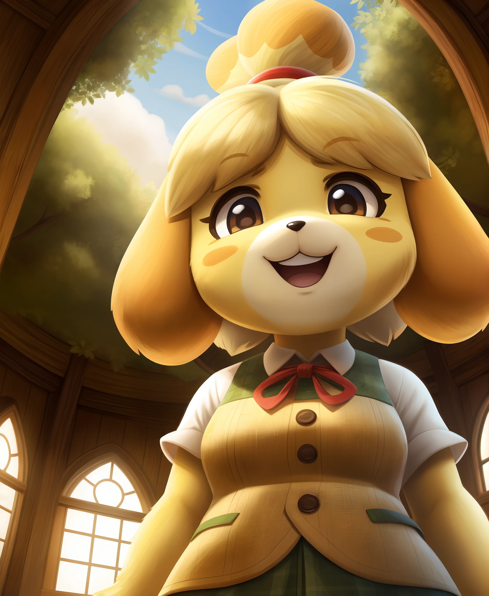 isabelle_(animal_crossing), isabelle  furry, detailed and extremely fluffy body fur, masterpiece, looking up beautiful surroundings, detailed background, happy,