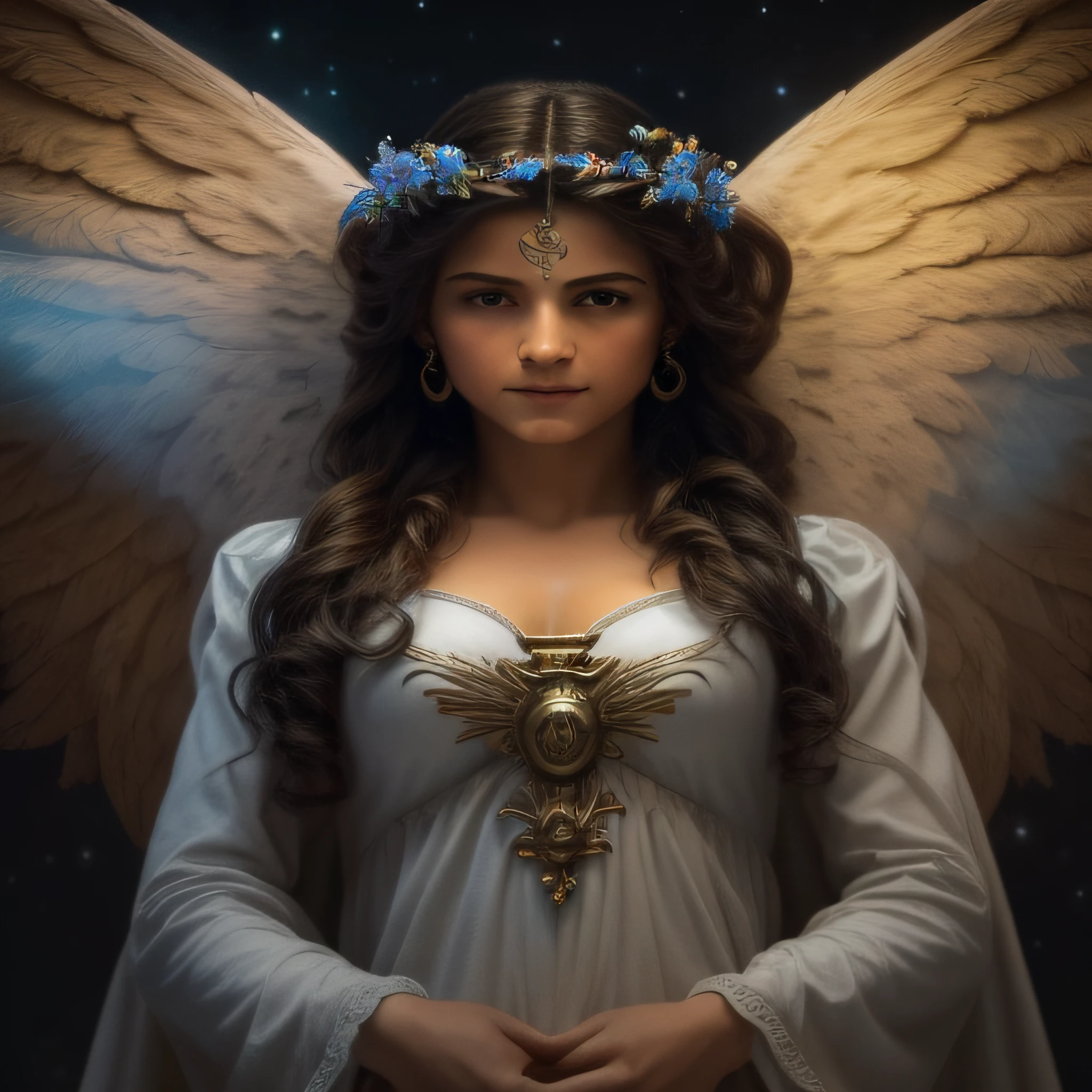 (((Blessed guardian angel))) Luminoso, en estilo similar al del artista WILLIAM ADOLPHE BOUGUEREAU, obra maestra, (La mejor calidad: 1.2), (super fine: 1.2), illustration, (extremadamente delicado y hermoso: 1.2), movie angle, flotante, (Hermoso ojo de detalle: 1.1), (detalle luz: 1.1), Movie Lights, Cielo delicado, ojos azules, (mujero latina negra: 1.2), (Cola de caballo alta: 1.1), capa, ojuelos, cielo estrellado, (light particles: 1.1) dibujo, flor. (obra maestra), (La mejor calidad), (fotorrealista:1.3), 8k, Textura detallada de la piel, Textura detallada de la tela, hermosa cara detallada, Detalles intrincados, ultra detallado (cuerpo de cuerpo entero:1.2)