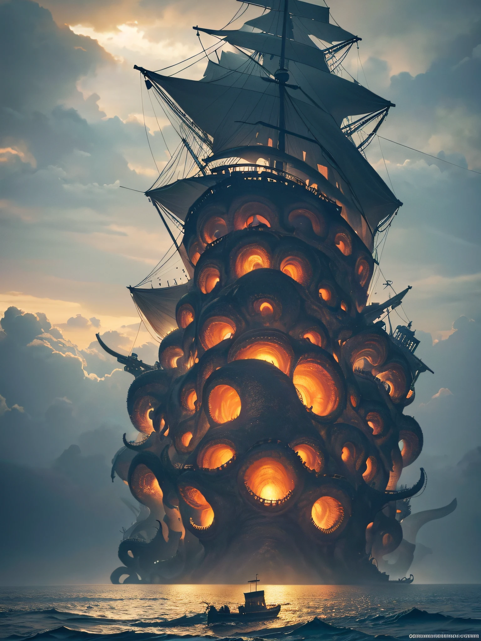 Giant octopus (Kraken) attacking a large pirate ship, rough sea, shipwrecked pirates, gray sky with clouds, specks of sun between the clouds, (ultra-realistic), {extremely detailed 8k CG unit wallpaper}, photography by expansive landscape, (a view from above with focus on the scene), (wide view of open field), (high angle shot), (high light: 1.5), (low light: 1.2), (warm light source: 1.2 ), complex details, (iridescent colors: 1.5), (bright lighting), (atmospheric lighting), Dreamy, magical, surreal, Landscape, Kraken