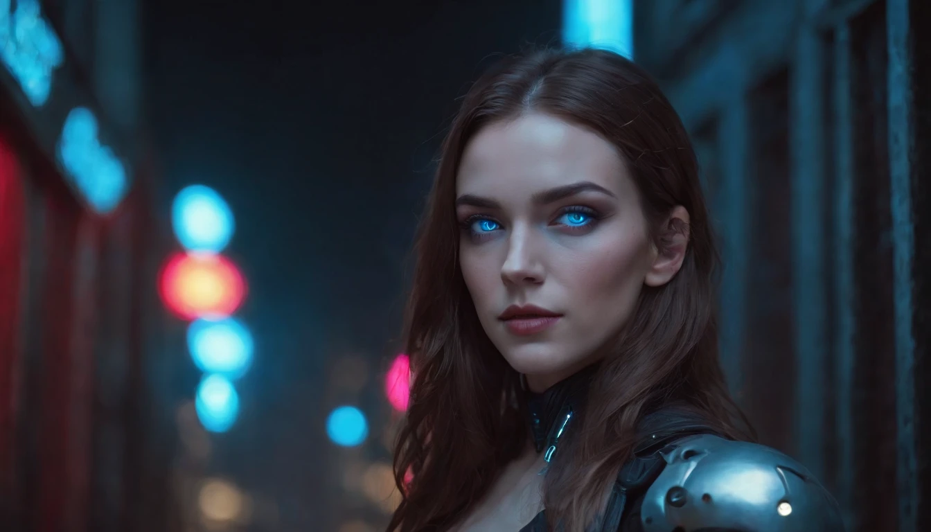 There's a cyborg woman with cyborg elements on her face (blue eyes) standing in a cyberpunk city alley at night, darksynth aesthetic, red neons, beautiful woman, haze, foggy night, ultra detailed, photorealistic.