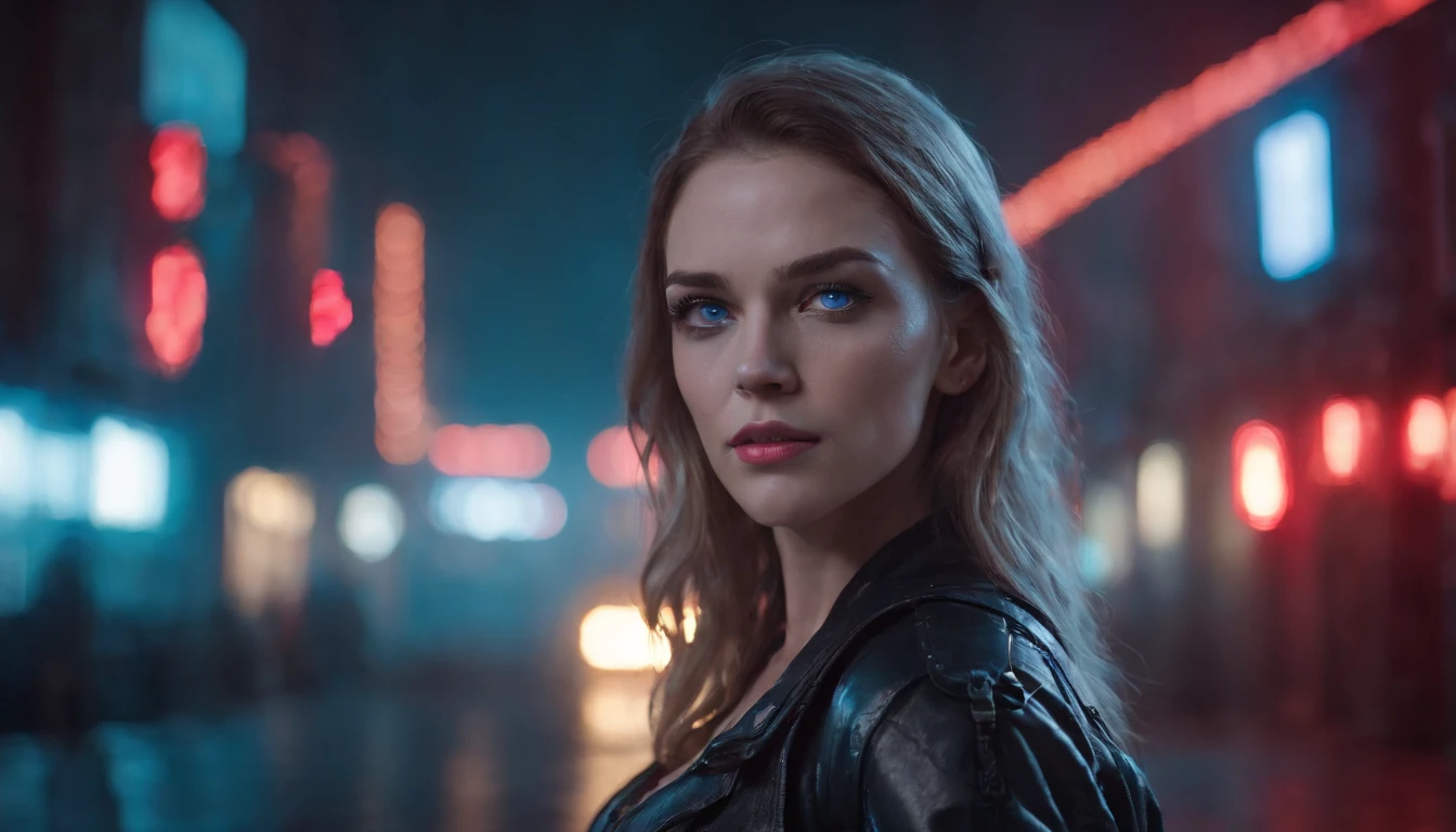 There's a cyborg woman with cyborg elements on her face (blue eyes) standing in a cyberpunk city alley at night, darksynth aesthetic, red neons, beautiful woman, haze, foggy night, ultra detailed, photorealistic.