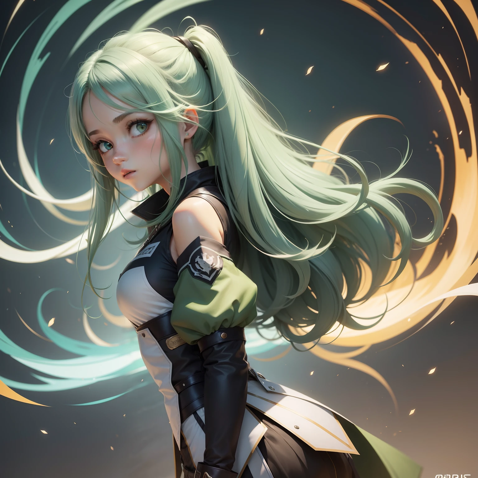 1girl, cabelo liso, cabelo verde, olhos azuis, sorrir, character graphics, refer ence sheet, Three-sided view, anime, anatomicamente correto, detalhes elevados, alta qualidade