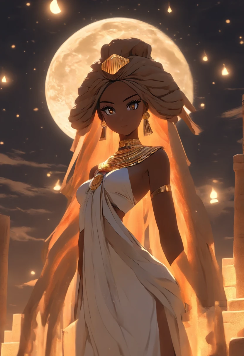 (((NUT))) best quality, ultra-high resolution, 4K detailed CG, master piece, woman, Moon Goddess, night, Moon in the background, white clothes, Egyptian clothes, EGYPTIAN mythology, desert, aesthetics, ((body complete)), standing, Beautiful image, centered