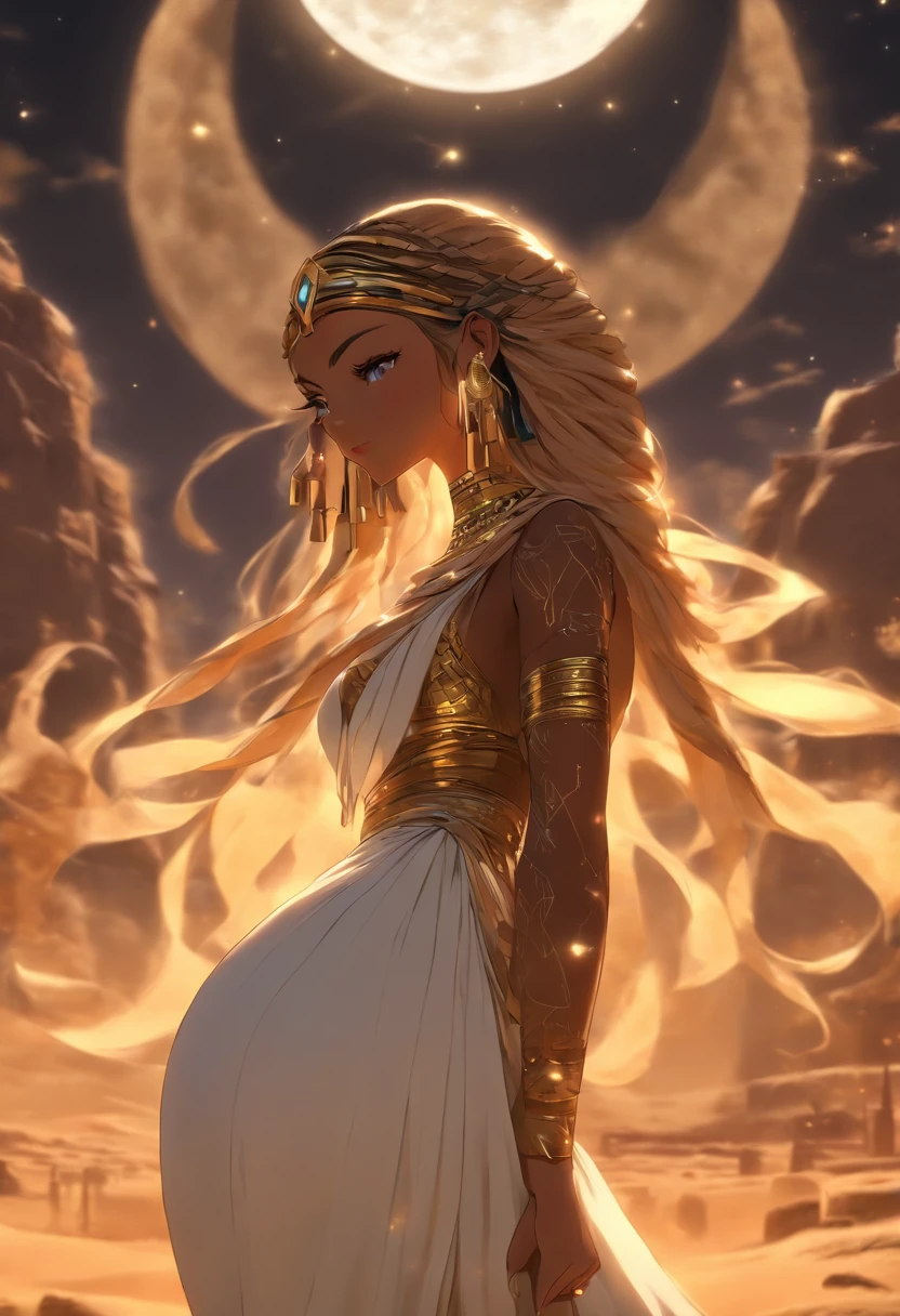 (((NUT))) best quality, ultra-high resolution, 4K detailed CG, master piece, woman, Moon Goddess, night, Moon in the background, white clothes, Egyptian clothes, EGYPTIAN mythology, desert, aesthetics, ((body complete)), standing, Beautiful image, centered