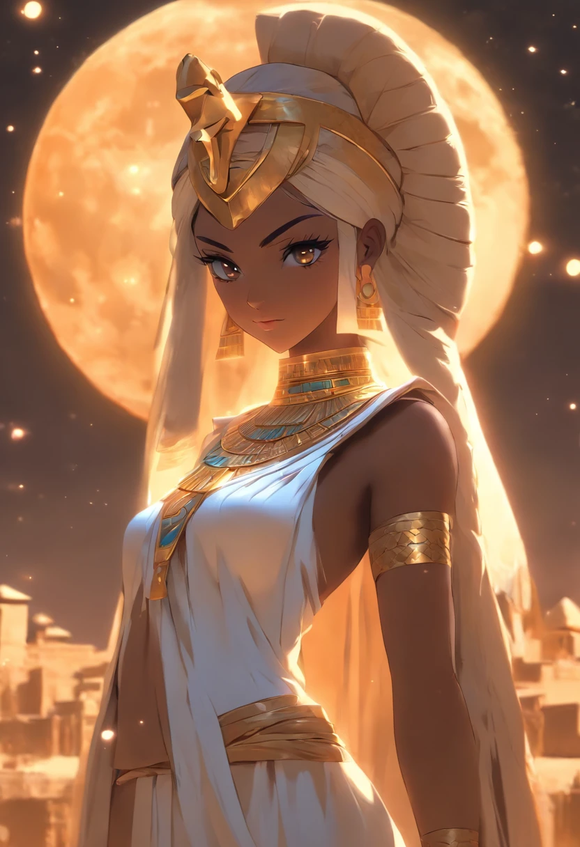 (((NUT))) best quality, ultra-high resolution, 4K detailed CG, master piece, woman, Moon Goddess, night, Moon in the background, white clothes, Egyptian clothes, EGYPTIAN mythology, desert, aesthetics, ((body complete)), standing, Beautiful image, centered