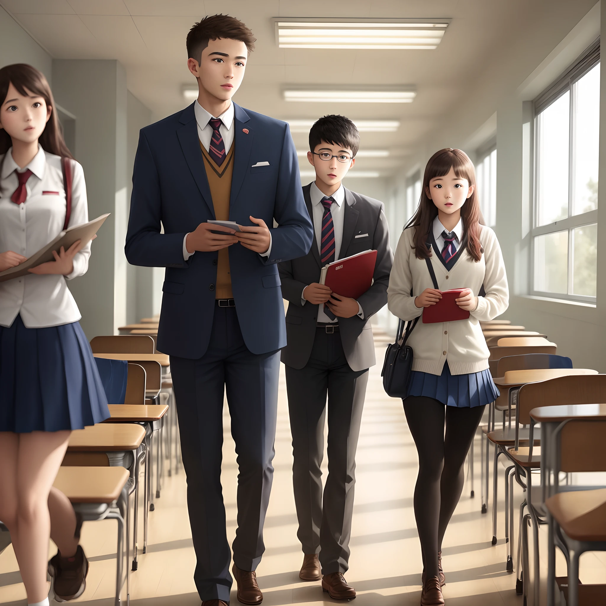 A man stands in a school with his fellow student