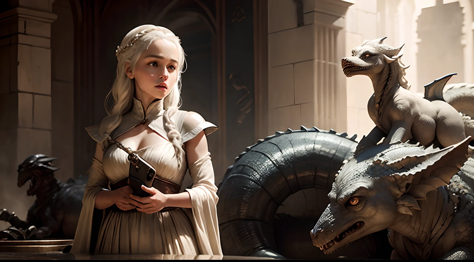 Daenerys - Mother of Dragons, Holding an old mobile phone.