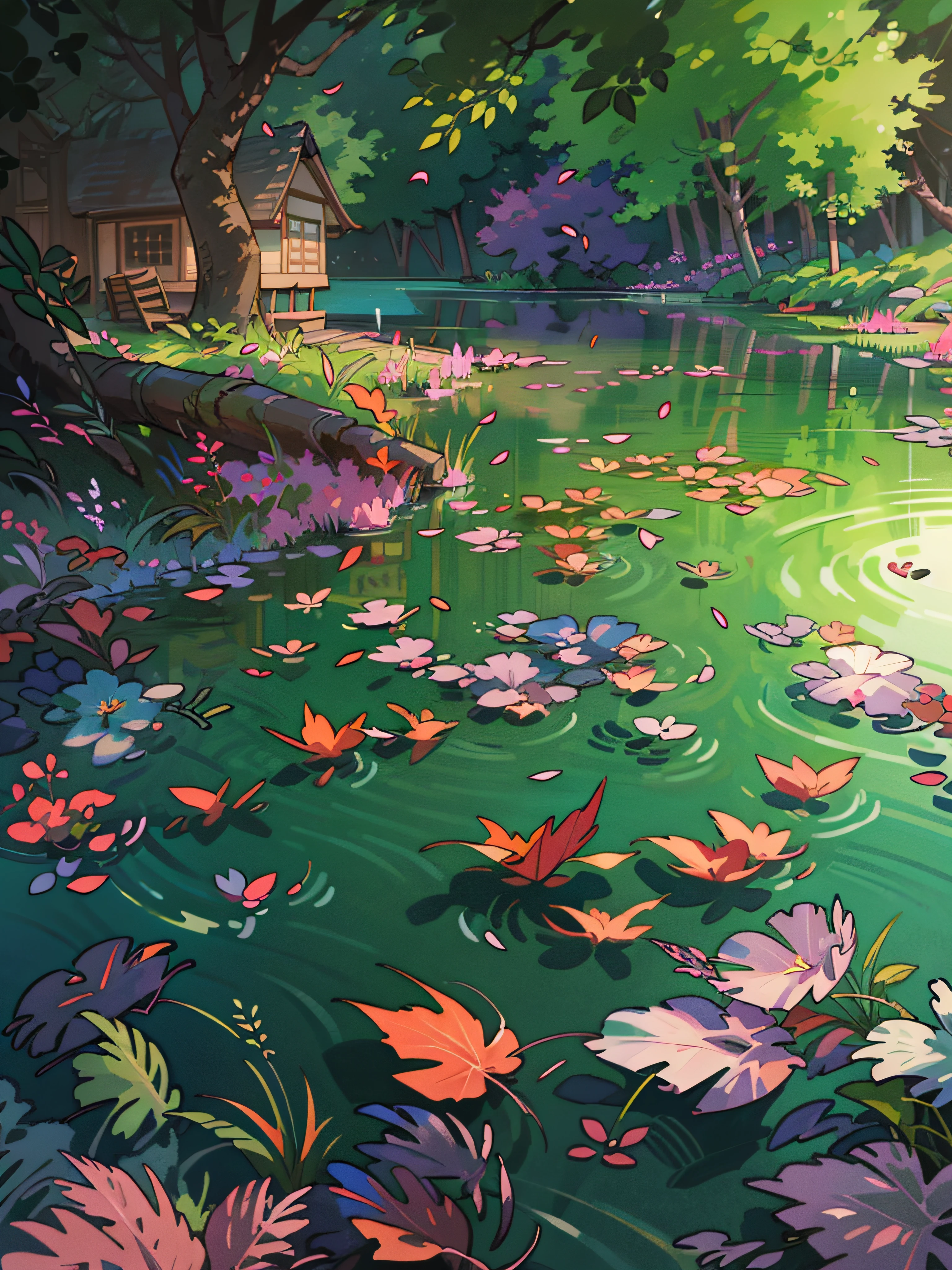 Masterpiece, best quality, (very detailed CG unity 8k wallpaper) (best quality), (best illustration), (best shadows) Nature, paradise lake, delicate leaves petals of various colors falling in the air, light Tracking, super detailed --v6