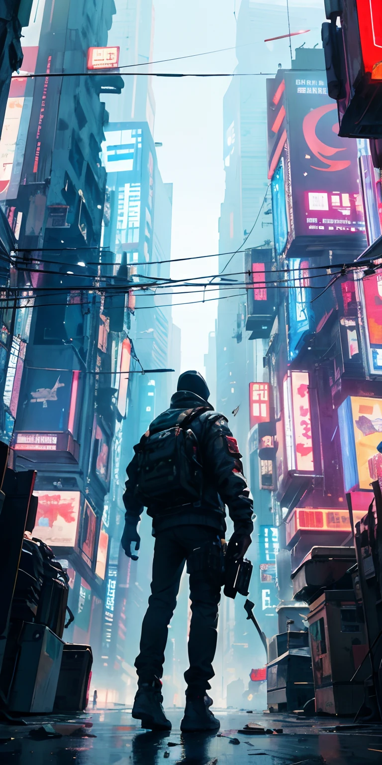 top-quality))、((masterpiece)、Cyberpunk City、Depiction seen from below