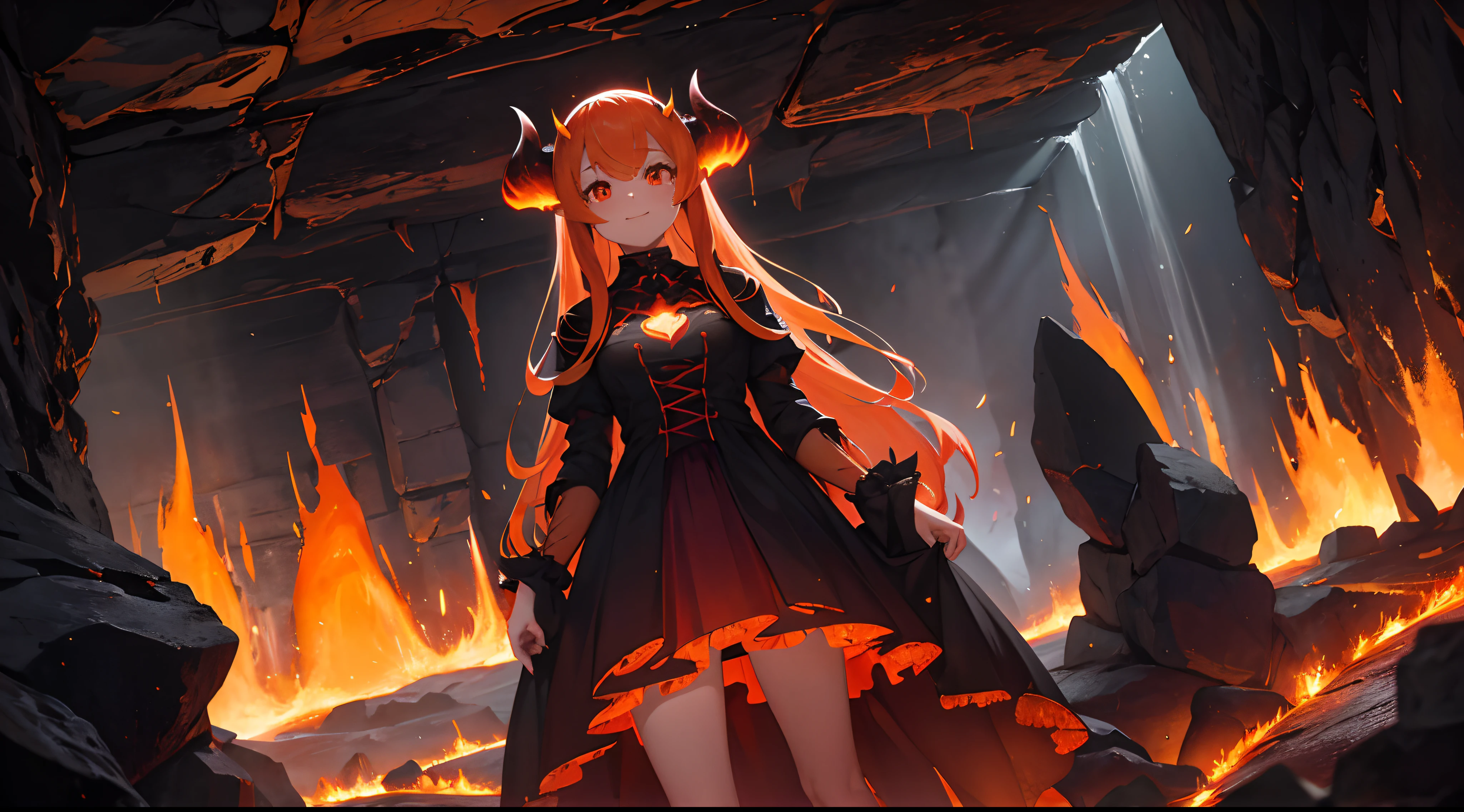 masterpiece, ultra detailed, close up view, 1girl, standing, (gradient hair between red orange and yellow), red eyes, smile, looking at viewer, horns, gothic style, demon girl style, gothic clothes, elegant glothes, red and yellow clothes details, skirt, black thighs, magma details, fire details, fire particles, magma particles, cavern, magma cavern background, ancient city inside cavern, (((lava)) waterfall), (lava river), lava, fire, lava cavern, inside cavern, a lot of lava