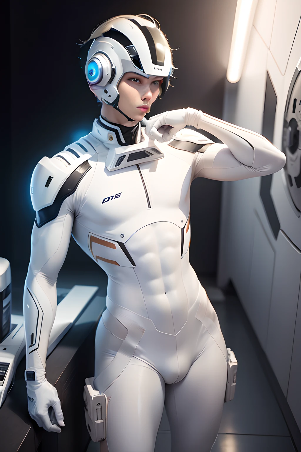 gloved hands, white glove, skin tight bodysuit, sci fi helmet, futuristic helmet, tight bodysuit