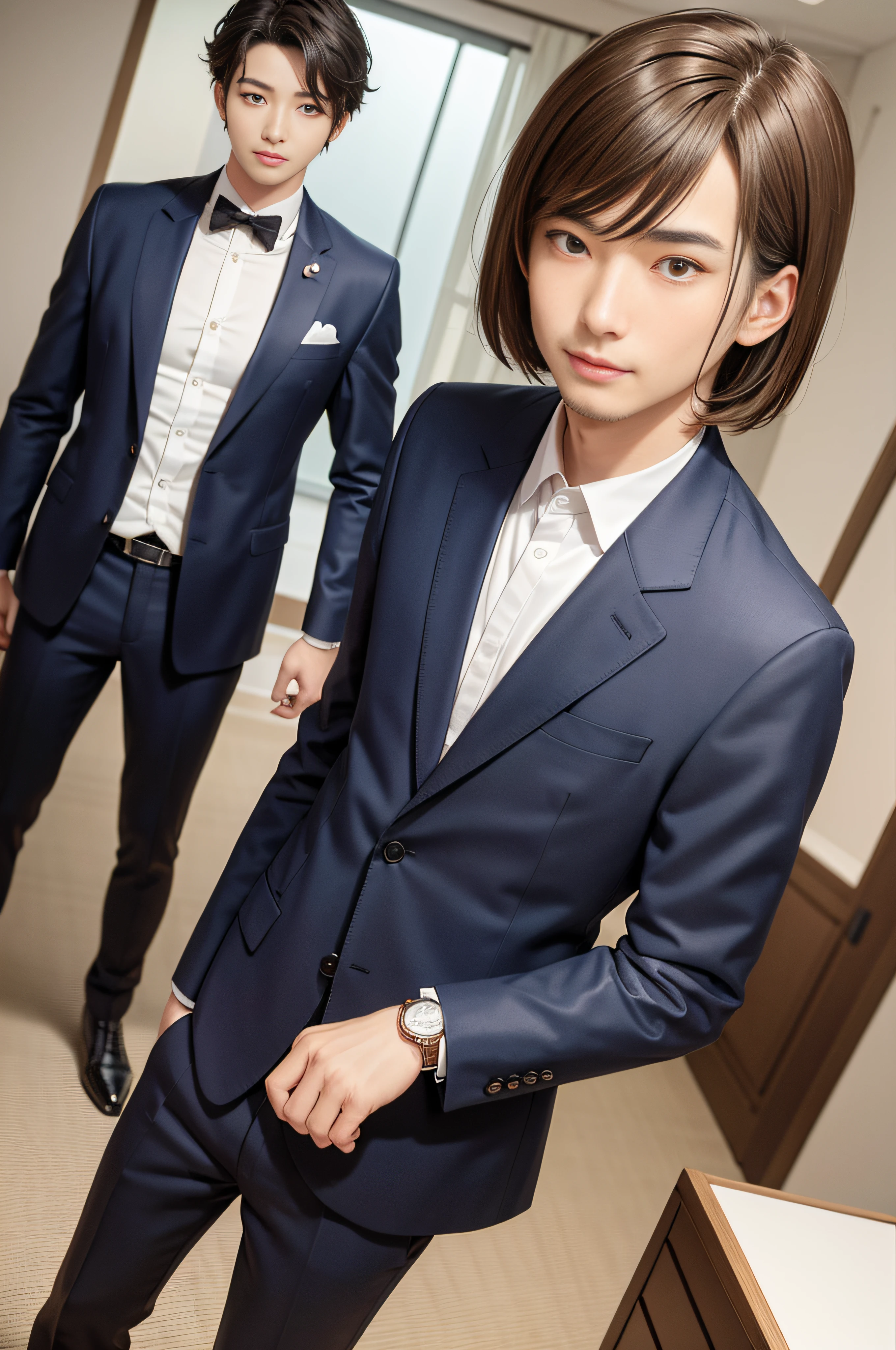 realistically，Two men kiss、Dantians are in close contact with each other，Gundam Robust，muscle men，Handsome，wear suit，buisness suit、Suits and ties，wear suit，Wear a tie，face the reality，face zoom，face the reality、Protruding pubic bone，kisses，Whole body diagram，leather shoes，virile，masculine featureulti-view upper body，The shirt was soaked，wet blouses，High-end suits、tiese