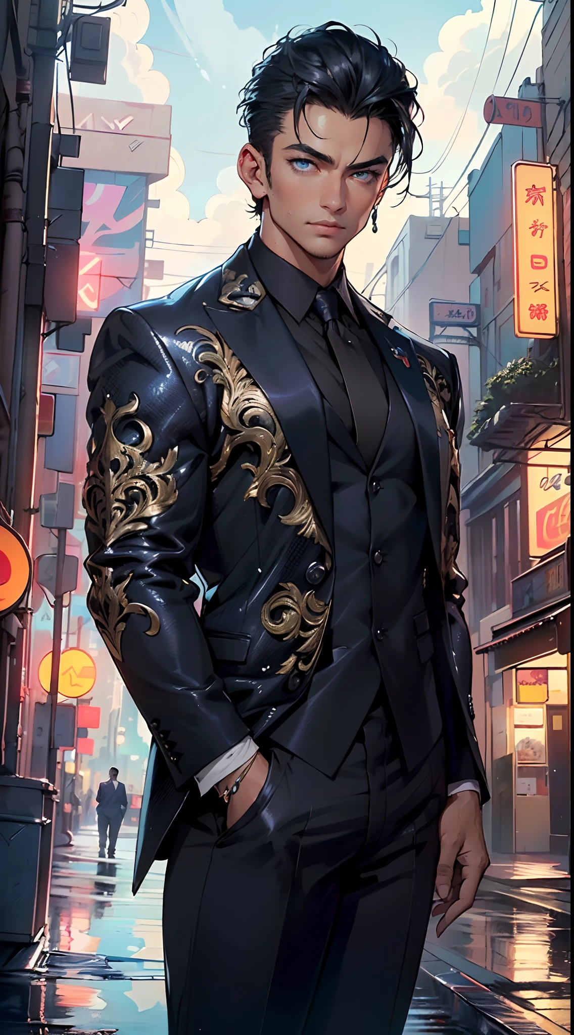 man:1.5,1 man,businessman man,(((1man))),((man with black short hair)),
(((1male,man:1.5,handsome man,male,male gender:1.5,male focus))),macho man,attractive villain,
((slicked back hair, slicked back hair,black short haircut,)),(((lustrous skin:1.5,tanned skin,bright skin: 1.5,skin tanned,shiny skin,very shiny skin,shiny body,illuminated skin))),(((blue_eyes:1.2))),intricate eyes,beautiful detailed eyes,symmetrical eyes,((man chest)),handsome face,((muscular)),male jaw,(((detailed face))),
manly,nsfw,
cyberpunk businessman, ((Business suit:1.5)), futuristic businessman,((bulge in pants)),((dark purple and black suit:1.2)),(elegant suit),((wet clothes,intricate outfit,intricate clothes,intricate suit,ornate outfit,ornate clothes,ornate suit,embroidered outfit,embroidered clothes,embroidered suit)),
(dynamic pose:1.0),solo focus,((smug)),(centered,scale to fit dimensions,Rule of thirds),
cyberpunk city by the ocean at night, with bright neon signs and dark stormy clouds and puddles, scenery:1.25,
highres, sharp focus, (ultra detailed, extremely detailed), (photorealistic artwork:1.37),(extremely detailed CG unity 8k wallpaper),((synthwave background theme)),(((vibrant colors))),(intricate background),(masterpiece),(best quality),