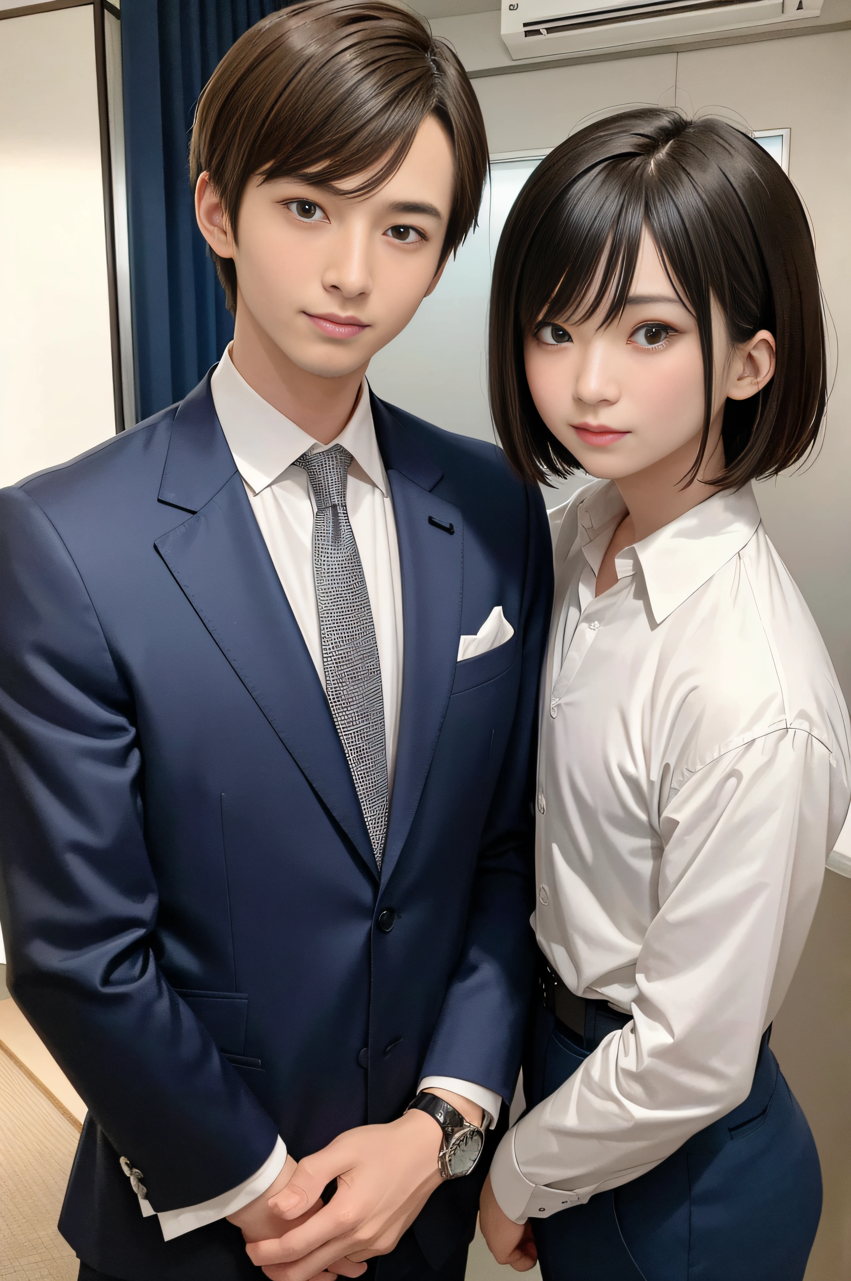 23years old、Men in Japan、1人、businessman、Standing with arms crossed、Confident face、Ultra-luxury suits、Striped suit、　s Office、Wearing a suit、twinks、（Highly detailed photos in 8K）、（Very detailed handsome man）、beautidful eyes、Photo Real、（top-quality）、ultra-detailliert、​masterpiece、An ultra-high picture quality、tall、Very beautiful hair、Bright photo、modeled、idol、luxury watch、