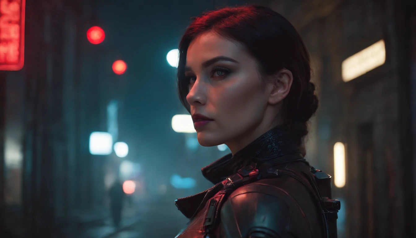 There's a cyborg woman with cyborg elements on her face standing in a cyberpunk city alley at night, darksynth aesthetic, red neons, beautiful woman, haze, foggy night, horror cyberpunk, noir aesthetic, sci fi thriller aesthetic, ultra detailed, photorealistic.