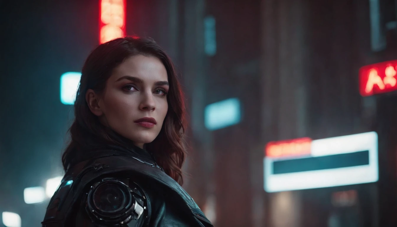 There's a cyborg woman with cyborg elements on her face standing in a cyberpunk city alley at night, darksynth aesthetic, red neons, beautiful woman, haze, foggy night, horror cyberpunk, noir aesthetic, sci fi thriller aesthetic, ultra detailed, photorealistic.