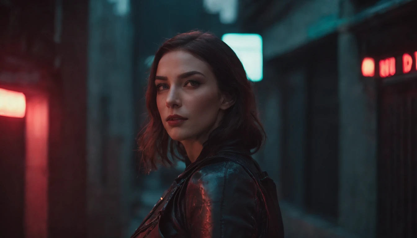 There's a cyborg woman with cyborg elements on her face standing in a cyberpunk city alley at night, darksynth aesthetic, red neons, beautiful woman, haze, foggy night, horror cyberpunk, noir aesthetic, sci fi thriller aesthetic, ultra detailed, photorealistic.
