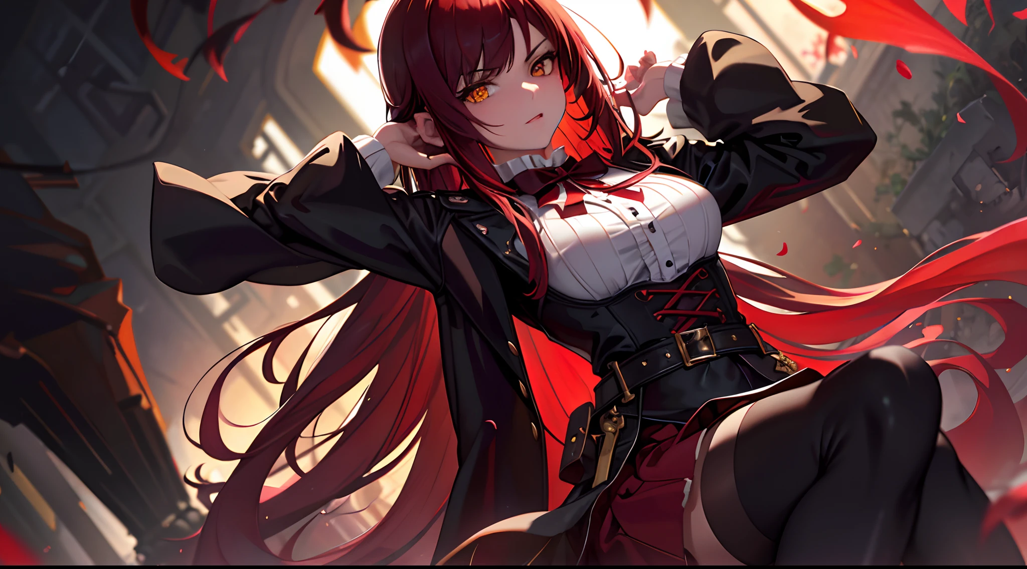 (Masterpiece, Best quality) An adult female,Red long-haired,Red latex skirt, Black bow, Long stockings, Black boots, Torn clothes, queen, Yellow eyes, Serious, Blood, emotive, Red sky, Burning Black Forest, straight bangs, Very long red hair, Evil, (Yellow eyes), Gothic, Red Forest, Medium chest, Head-to-waist portrait, cinematics, Color oil painting, Cinematic lighting, Extremely detailed face, finerly detailed face, Beautiful face, Beautiful eyes, Perfect lighting, Depth of field, Realistic proportions, Good anatomy,