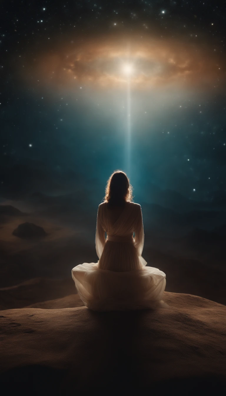 Mystical woman in the middle of the universe deep meditation, Etéric atmosphere,