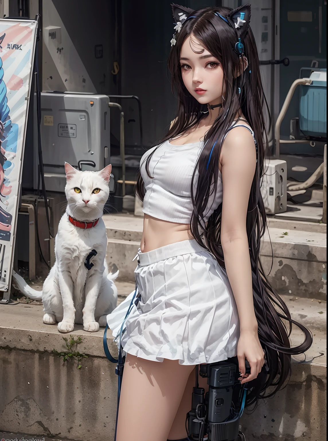there is a woman in a short skirt posing in a room, seductive anime girl, white cat girl, advanced digital anime art, cyberpunk anime girl, anime barbie in white stockings, cute cyborg girl, digital cyberpunk anime art, anime cyberpunk art, digital cyberpunk - anime art, digital advanced anime art, attractive cat girl, anime style 4 k, very beautiful anime cat girl