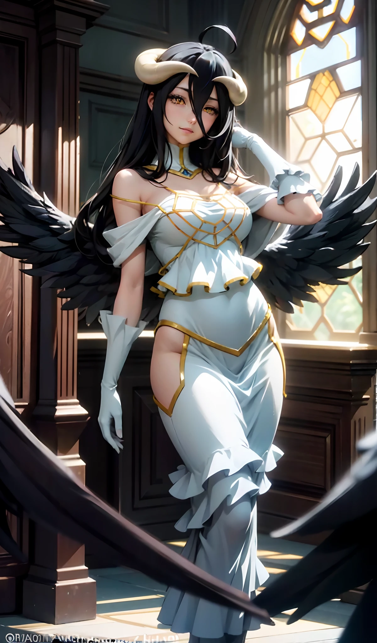 anime, hdr, soft light, ((best quality)), ((masterpiece)), (detailed), albedow, black hair, hair between the eyes, yellow eyes, white horns, ahoge , black wings, (low wings: 1.1), captivating pose, smile, parted lips, looking at viewer, white dress, hip ventilation, white gloves, indoors, luxurious, throne, stone floor