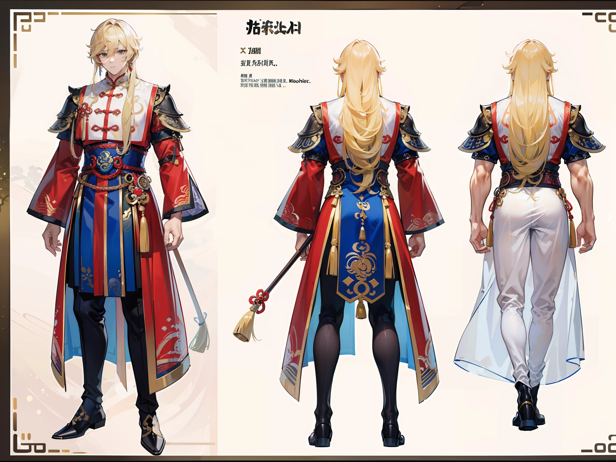 ((Masterpiece, Highest quality)), Detailed face, character design sheet, full bodyesbian, Full of details, frontal body view, back body view, Highly detailed, Depth, Many parts, Muscle boy with long blonde hair with long bangs,handsome man, muscle body, Traditional chinese clothes, Genshin Impact, man tall