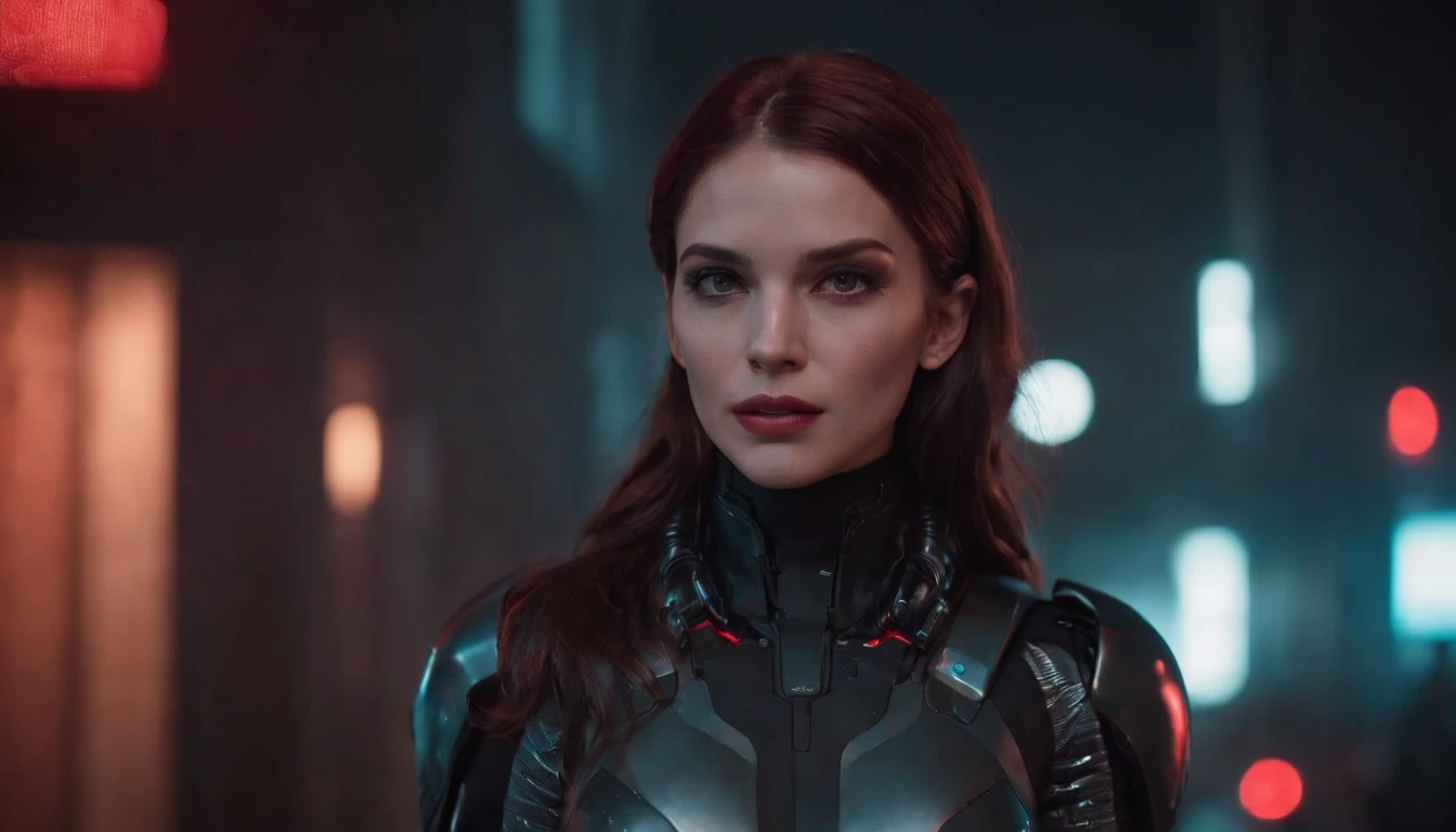 There's a cyborg woman with cyborg elements on her face standing in a cyberpunk city alley at night, darksynth aesthetic, red neons, beautiful woman, haze, foggy night, horror cyberpunk, noir aesthetic, sci fi thriller aesthetic, ultra detailed, photorealistic.